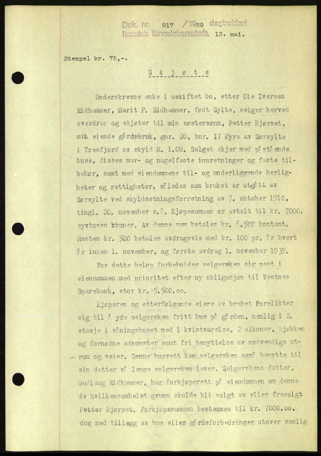 Romsdal sorenskriveri, AV/SAT-A-4149/1/2/2C: Mortgage book no. A6, 1938-1939, Diary no: : 917/1939