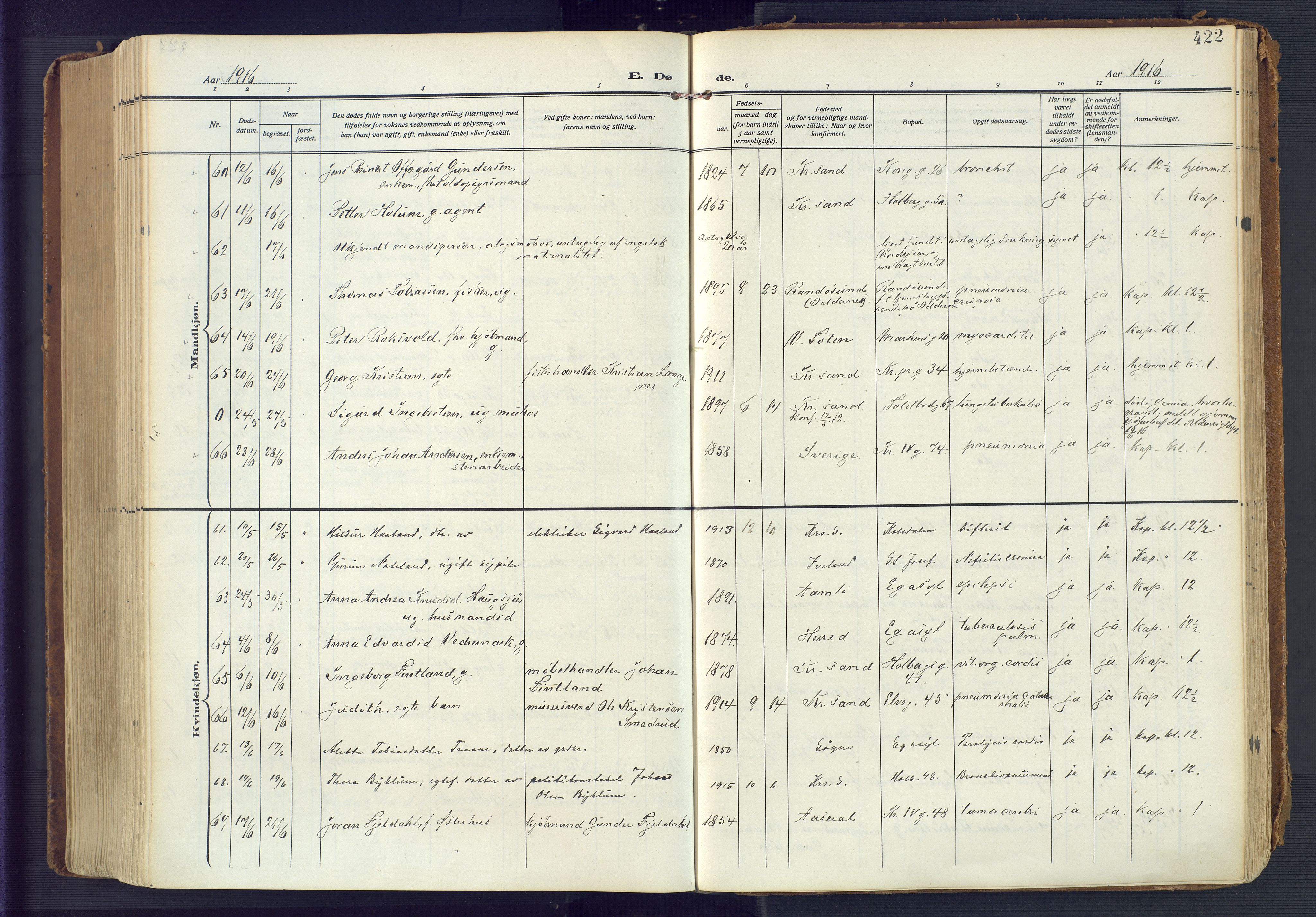 Kristiansand domprosti, AV/SAK-1112-0006/F/Fa/L0023: Parish register (official) no. A 22, 1909-1917, p. 422