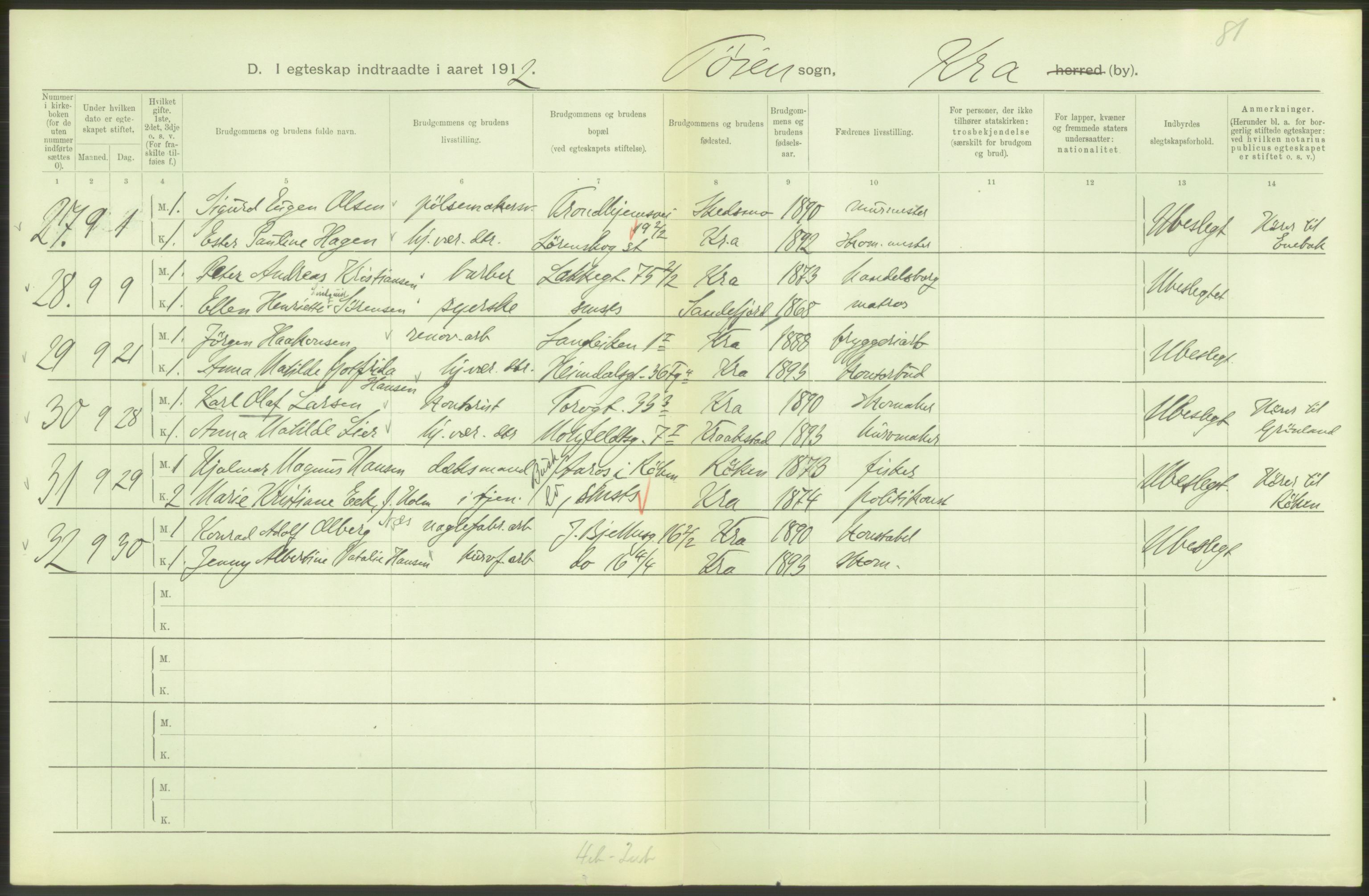 Statistisk sentralbyrå, Sosiodemografiske emner, Befolkning, AV/RA-S-2228/D/Df/Dfb/Dfbb/L0008: Kristiania: Gifte, 1912, p. 42