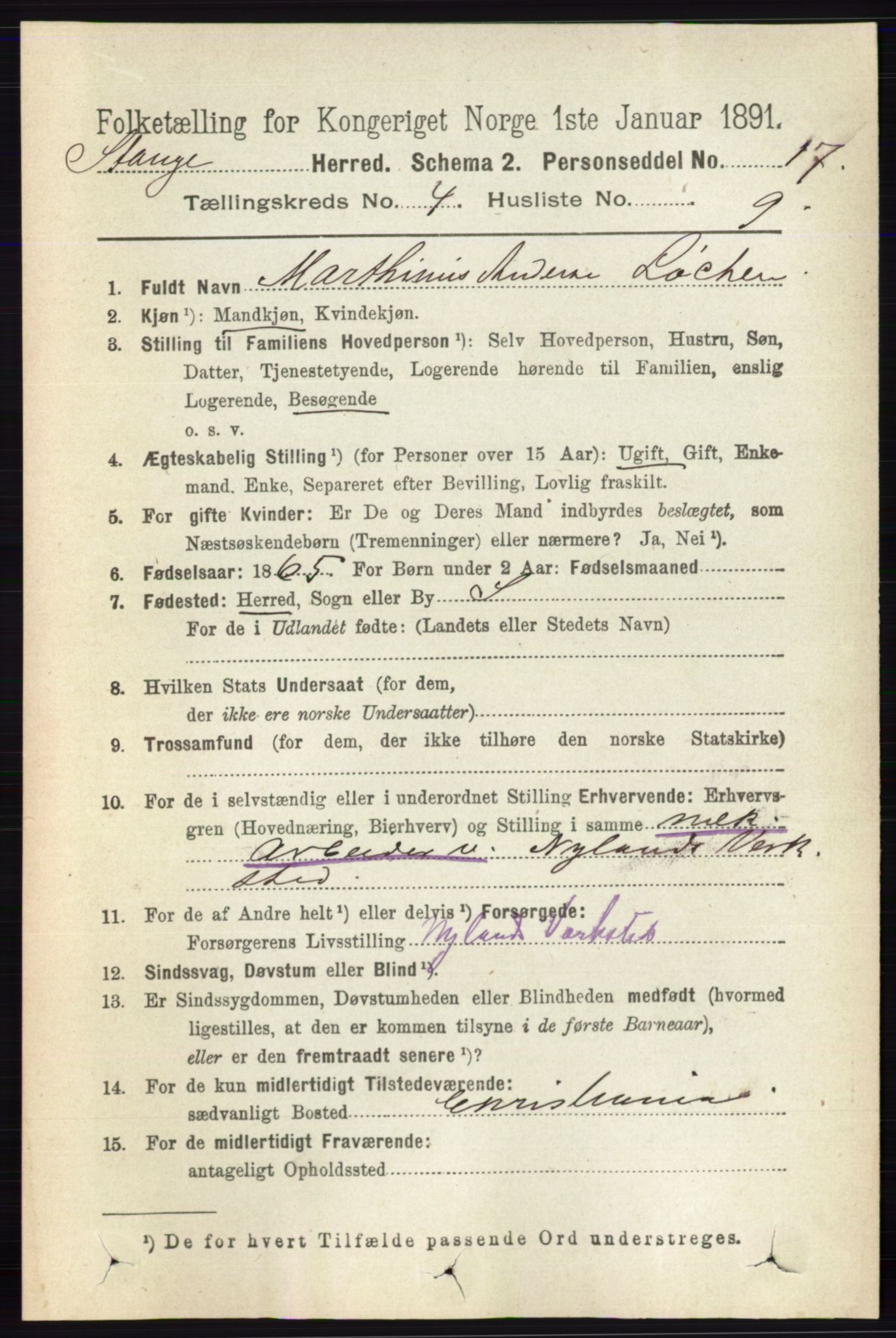 RA, 1891 census for 0417 Stange, 1891, p. 2421