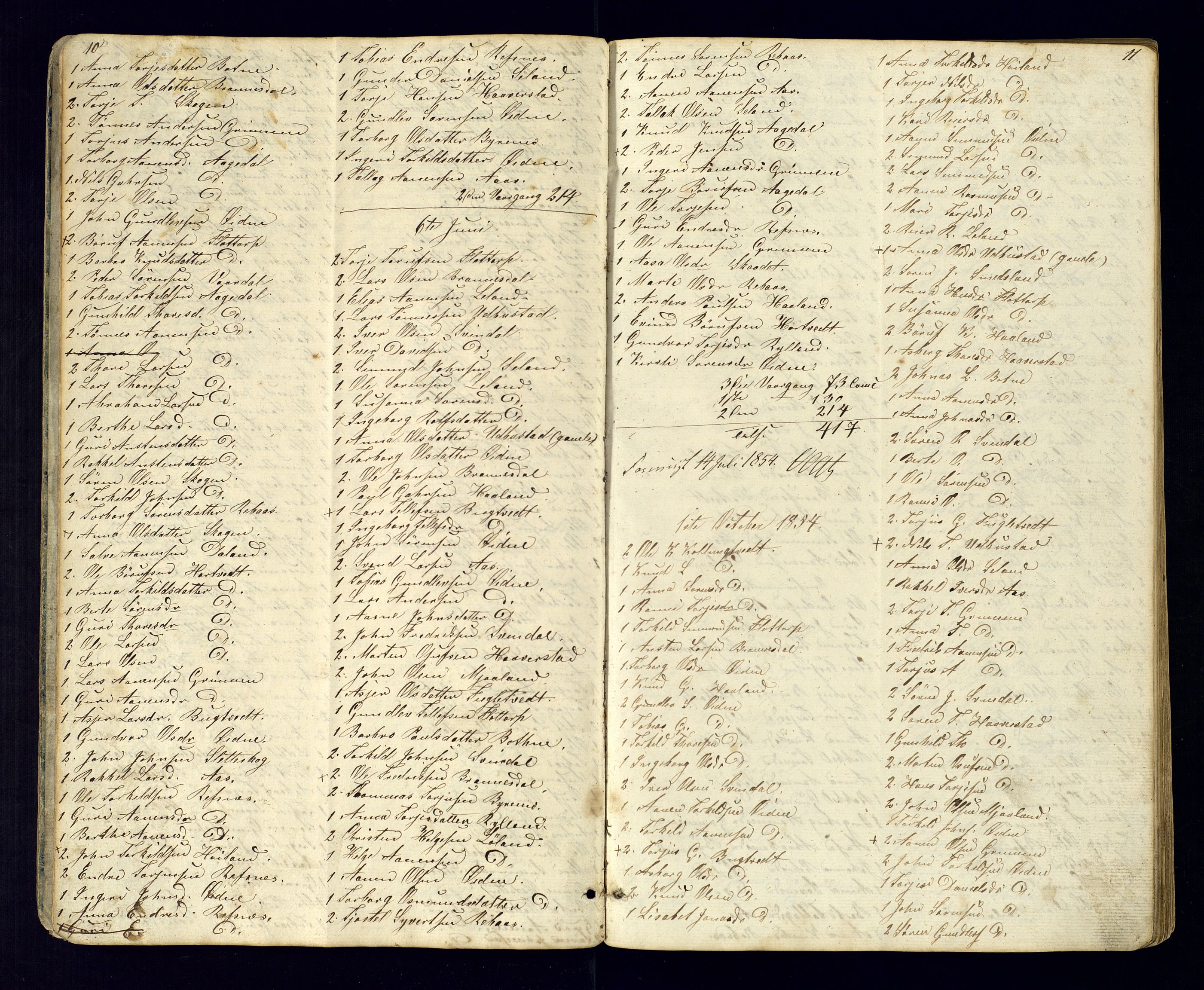Bjelland sokneprestkontor, AV/SAK-1111-0005/F/Fc/Fcc/L0003: Communicants register no. C-3, 1853-1883, p. 10-11