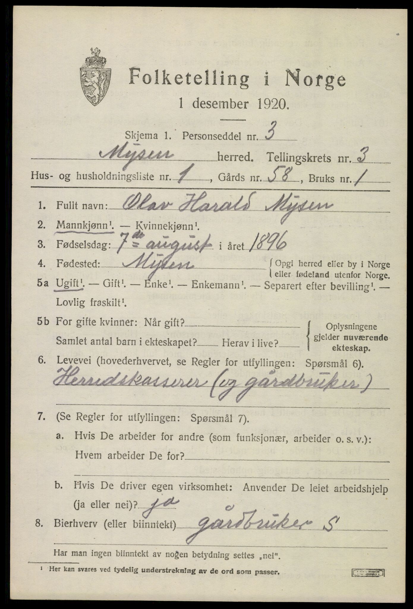 SAO, 1920 census for Mysen, 1920, p. 935