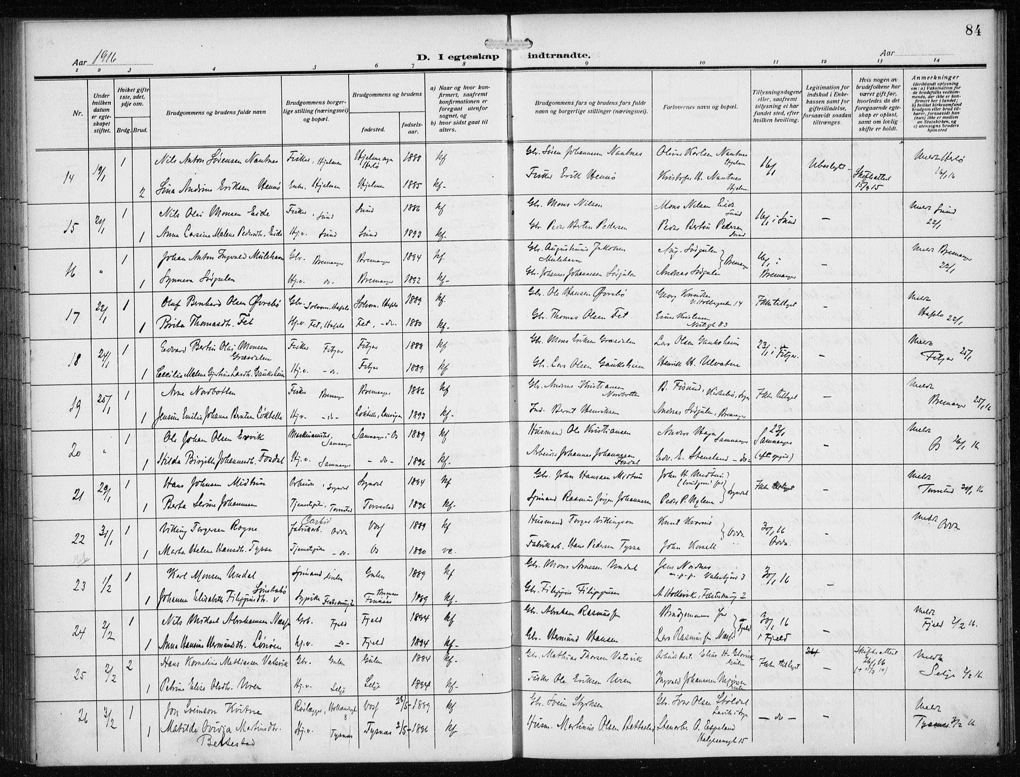 Nykirken Sokneprestembete, AV/SAB-A-77101/H/Haa/L0036: Parish register (official) no. D 6, 1913-1918, p. 84