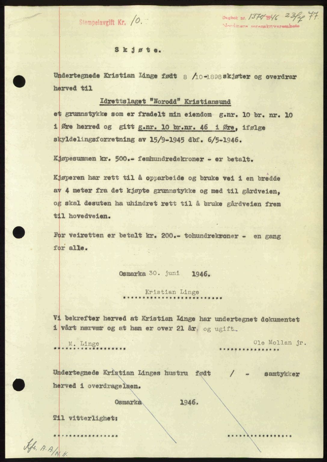 Nordmøre sorenskriveri, AV/SAT-A-4132/1/2/2Ca: Mortgage book no. A102, 1946-1946, Diary no: : 1374/1946