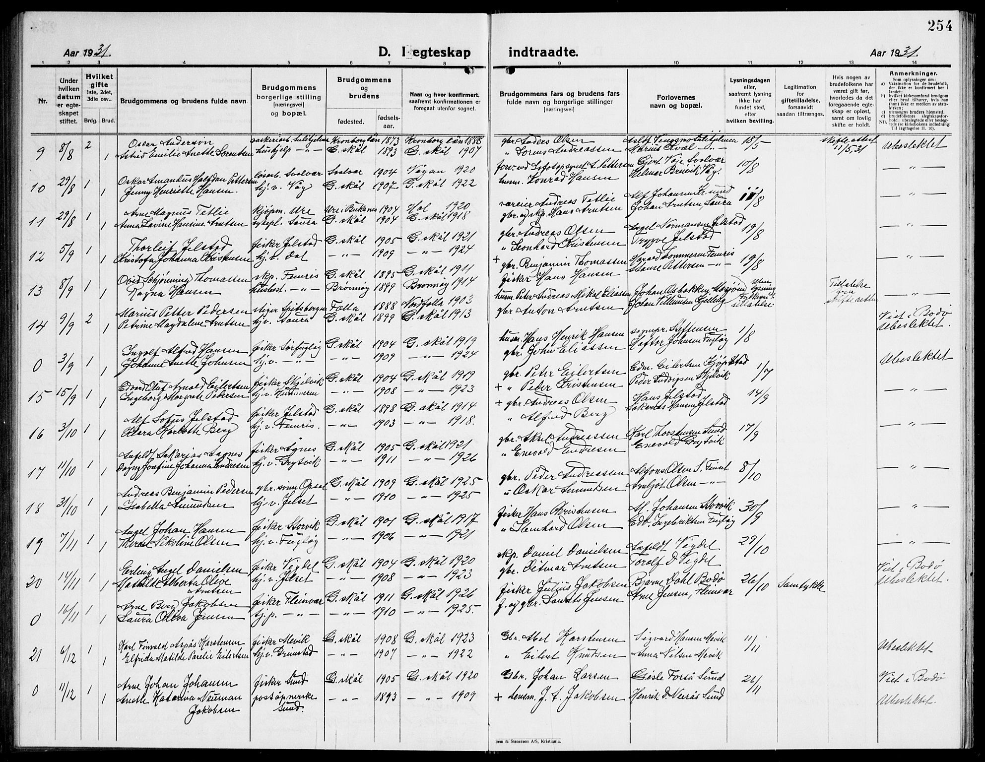 Ministerialprotokoller, klokkerbøker og fødselsregistre - Nordland, AV/SAT-A-1459/805/L0111: Parish register (copy) no. 805C07, 1925-1943, p. 254