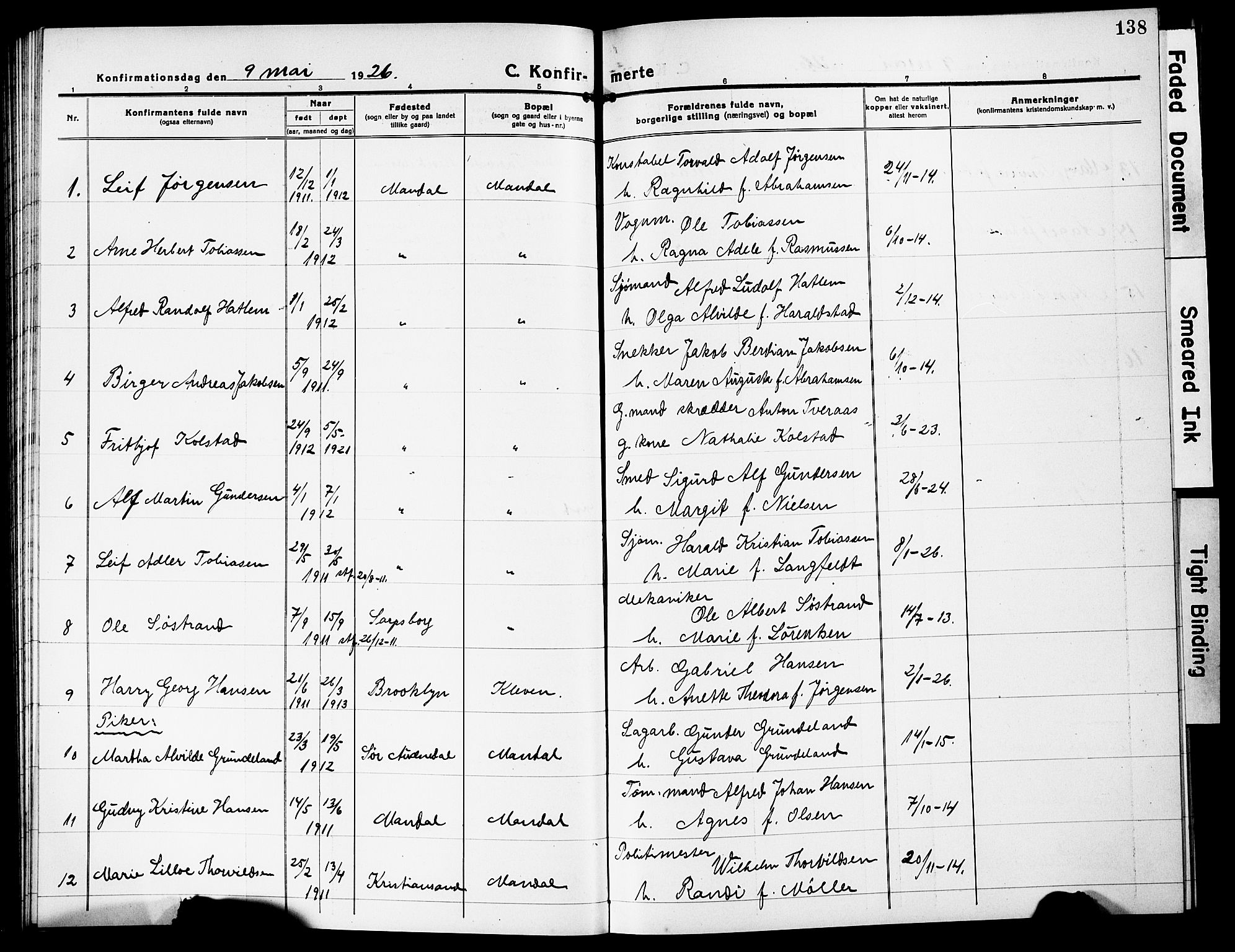 Mandal sokneprestkontor, AV/SAK-1111-0030/F/Fb/Fbc/L0001: Parish register (copy) no. B 1, 1918-1931, p. 138