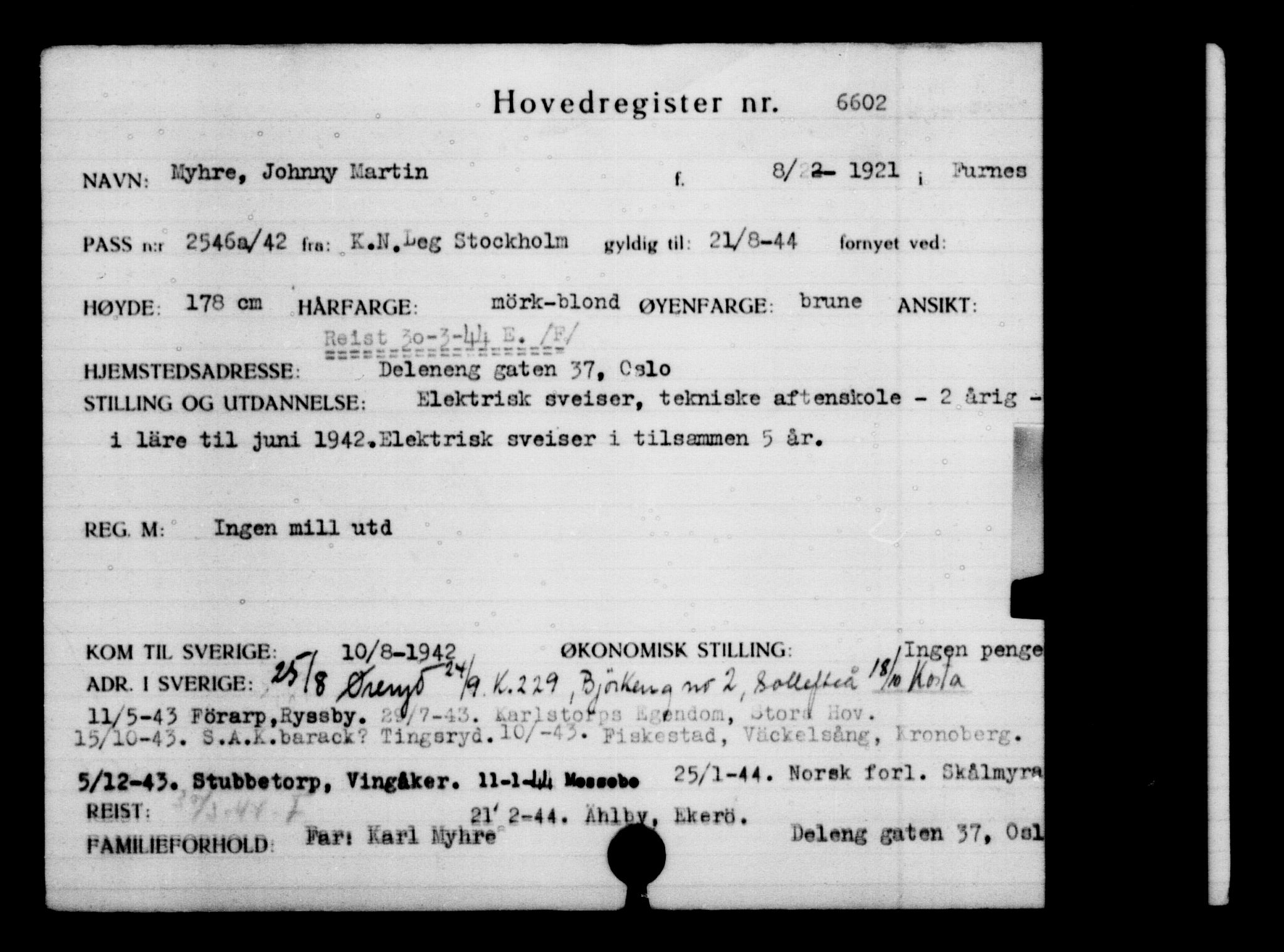 Utenriksstasjonene, Legasjonen i Stockholm, Flyktningkontoret, AV/RA-S-6753/V/Va/L0004: Kjesäterkartoteket, flyktninger med registreringsnr. 3496-6610, 1940-1945, p. 3670