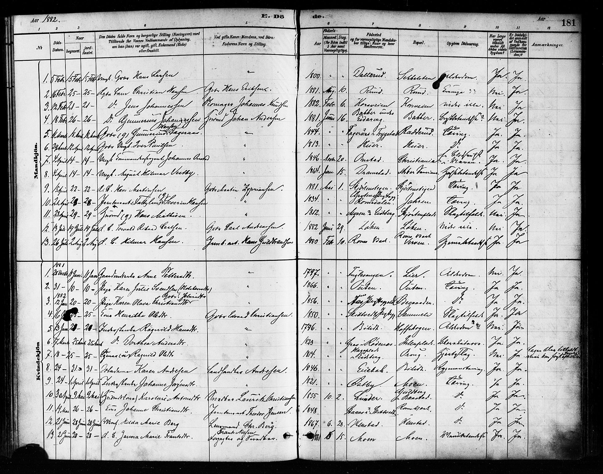Askim prestekontor Kirkebøker, SAO/A-10900/F/Fa/L0007: Parish register (official) no. 7, 1882-1897, p. 181