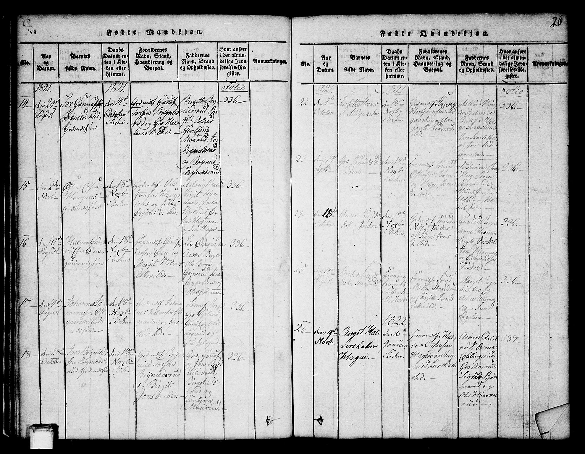 Tinn kirkebøker, SAKO/A-308/G/Ga/L0001: Parish register (copy) no. I 1, 1815-1850, p. 26