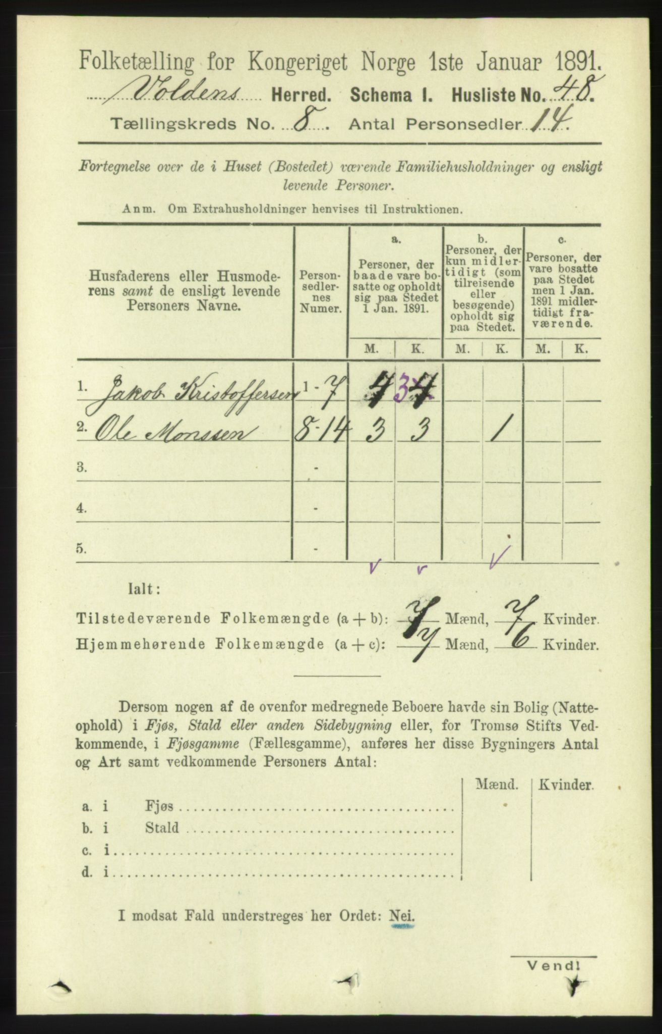 RA, 1891 census for 1519 Volda, 1891, p. 3817