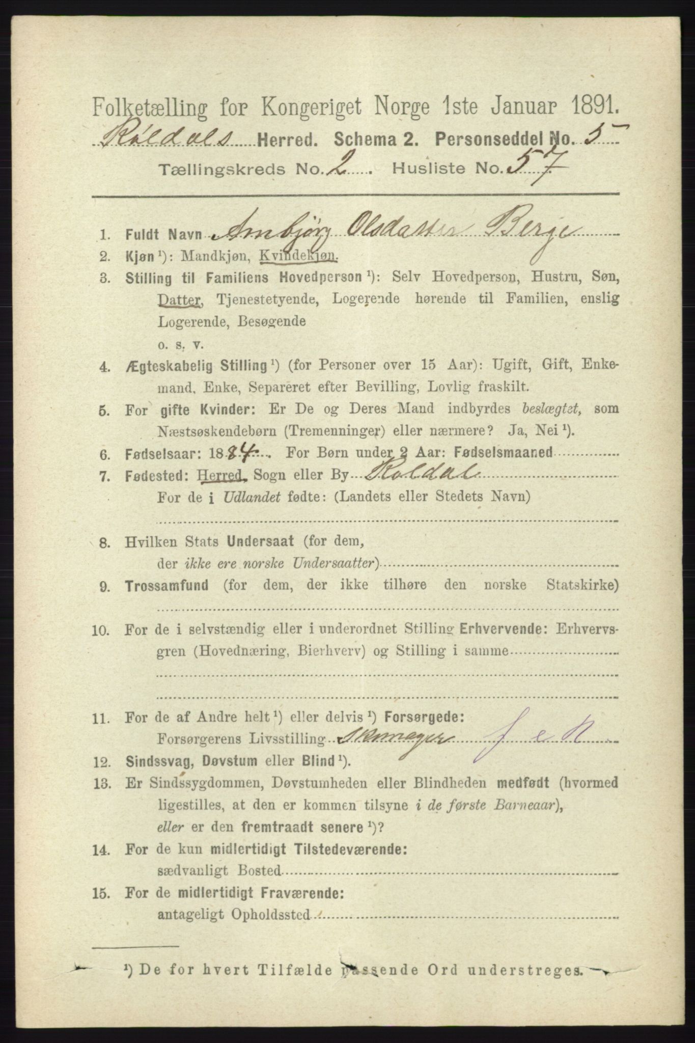 RA, 1891 census for 1229 Røldal, 1891, p. 848