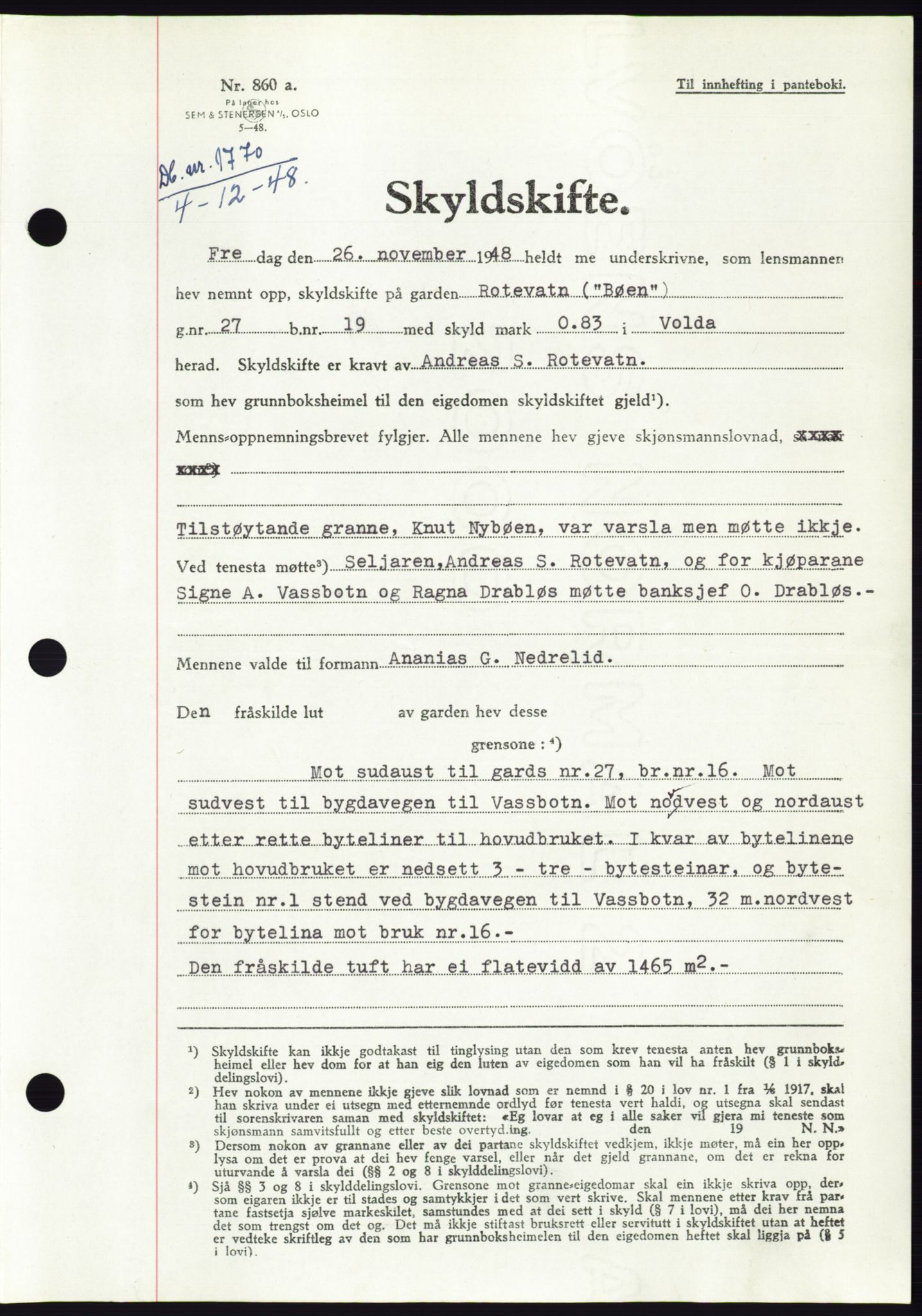 Søre Sunnmøre sorenskriveri, AV/SAT-A-4122/1/2/2C/L0083: Mortgage book no. 9A, 1948-1949, Diary no: : 1770/1948