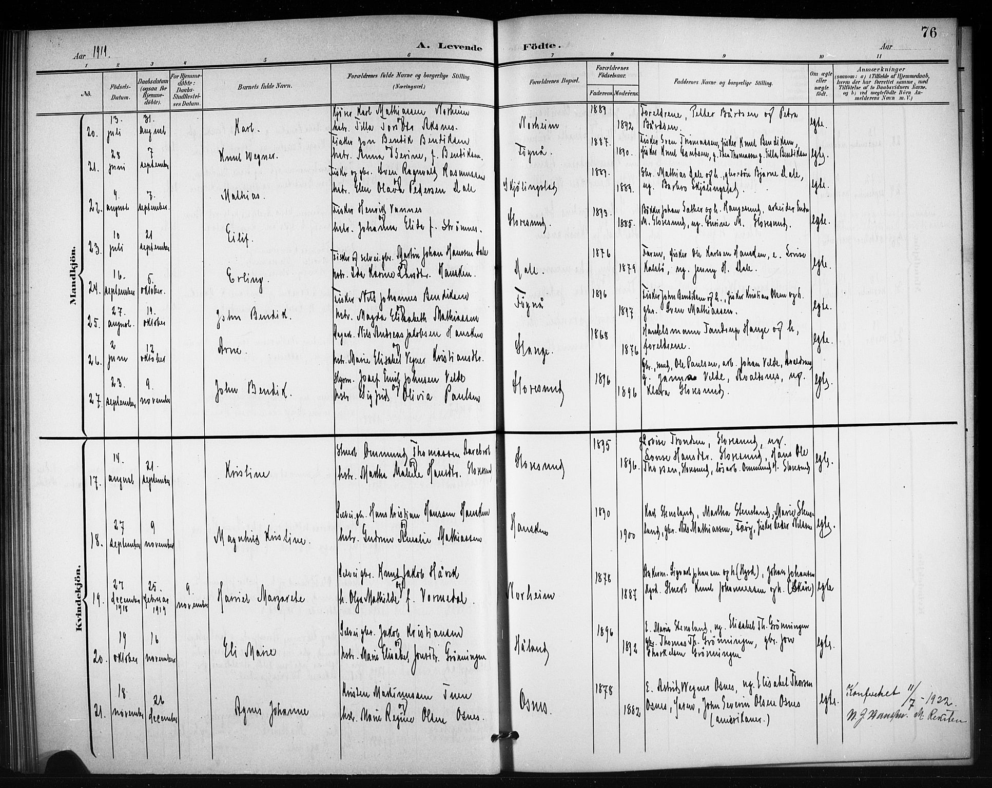 Torvastad sokneprestkontor, AV/SAST-A -101857/H/Ha/Hab/L0008: Parish register (copy) no. B 8, 1901-1924, p. 76