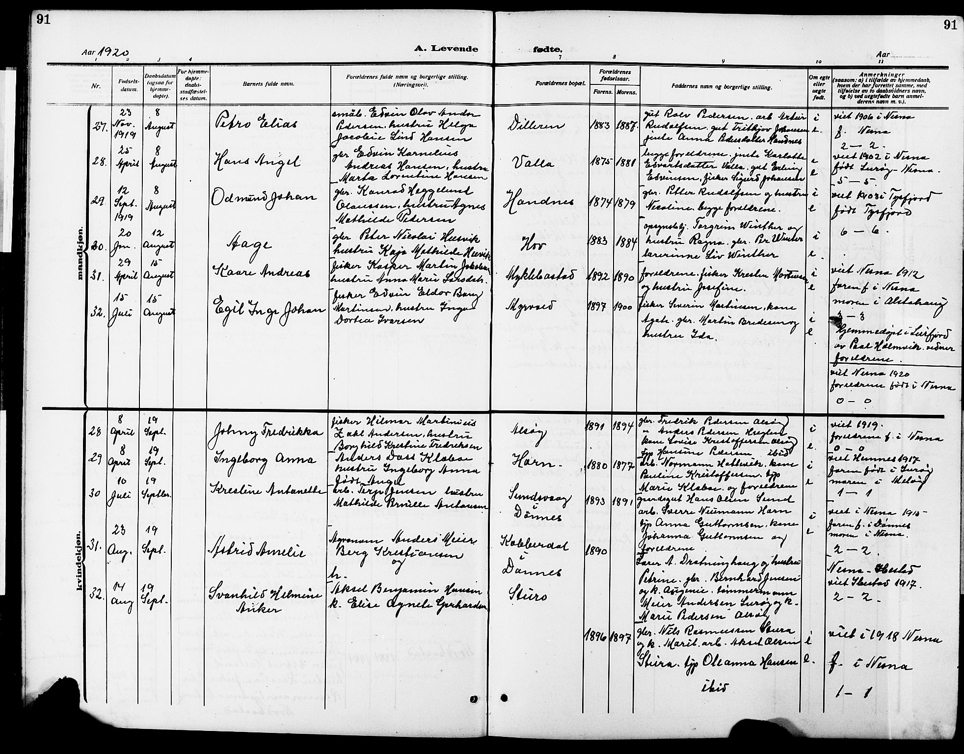 Ministerialprotokoller, klokkerbøker og fødselsregistre - Nordland, AV/SAT-A-1459/838/L0560: Parish register (copy) no. 838C07, 1910-1928, p. 91