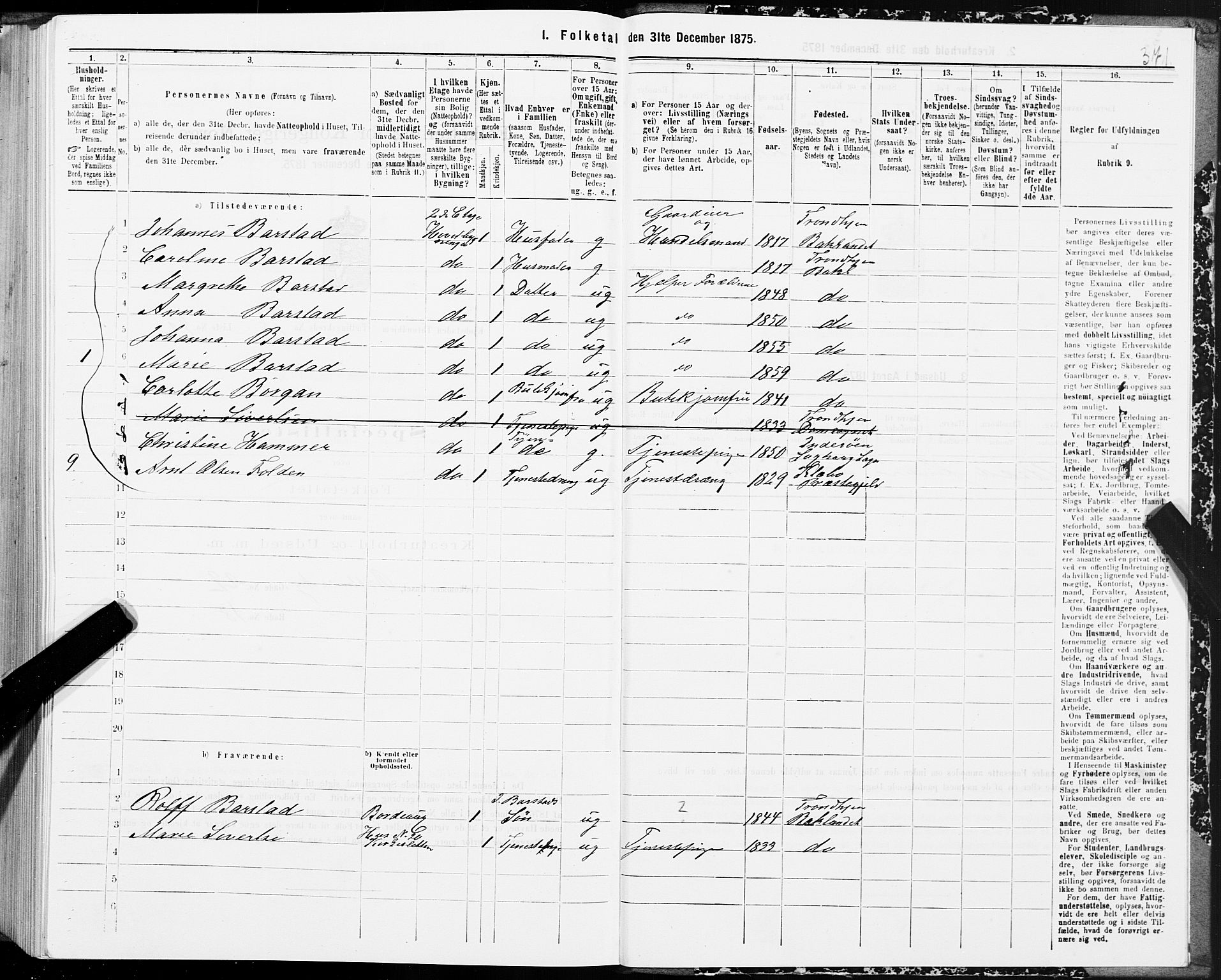 SAT, 1875 census for 1601 Trondheim, 1875, p. 9371