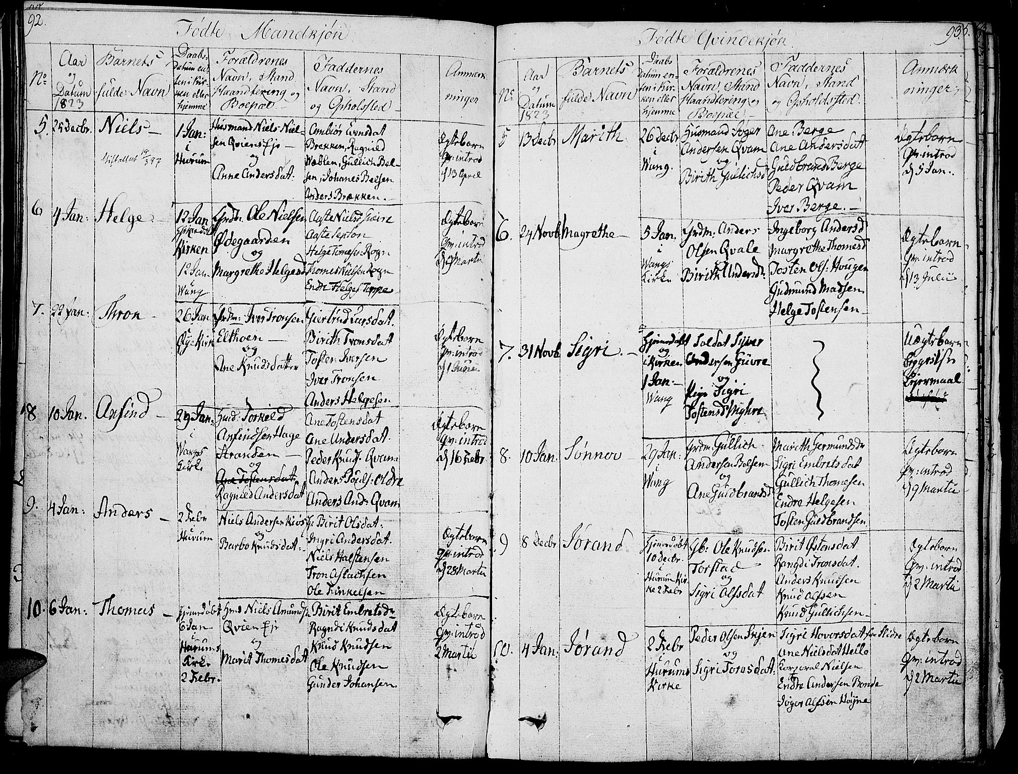 Vang prestekontor, Valdres, SAH/PREST-140/H/Ha/L0003: Parish register (official) no. 3, 1809-1831, p. 92-93