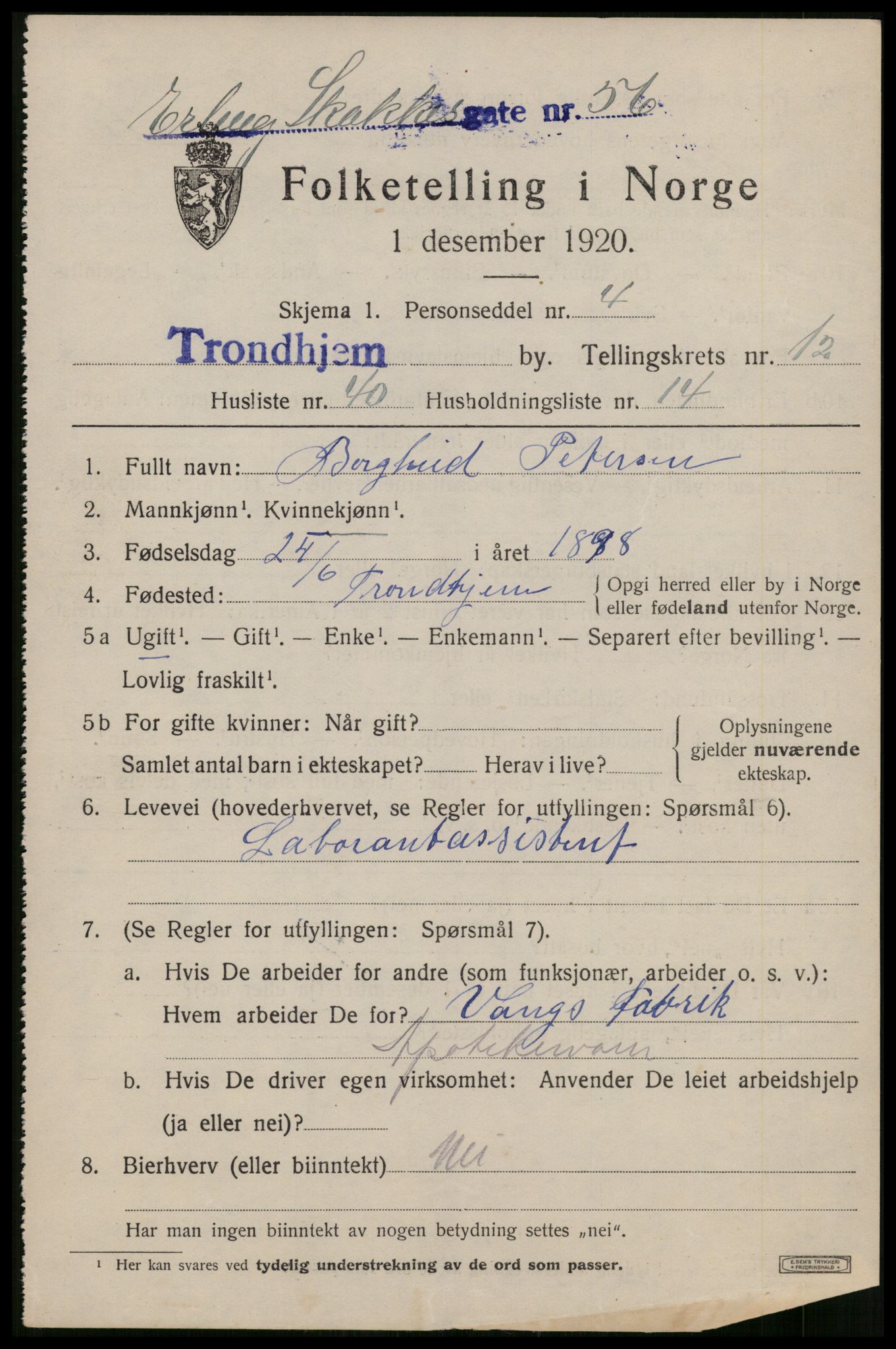 SAT, 1920 census for Trondheim, 1920, p. 49400