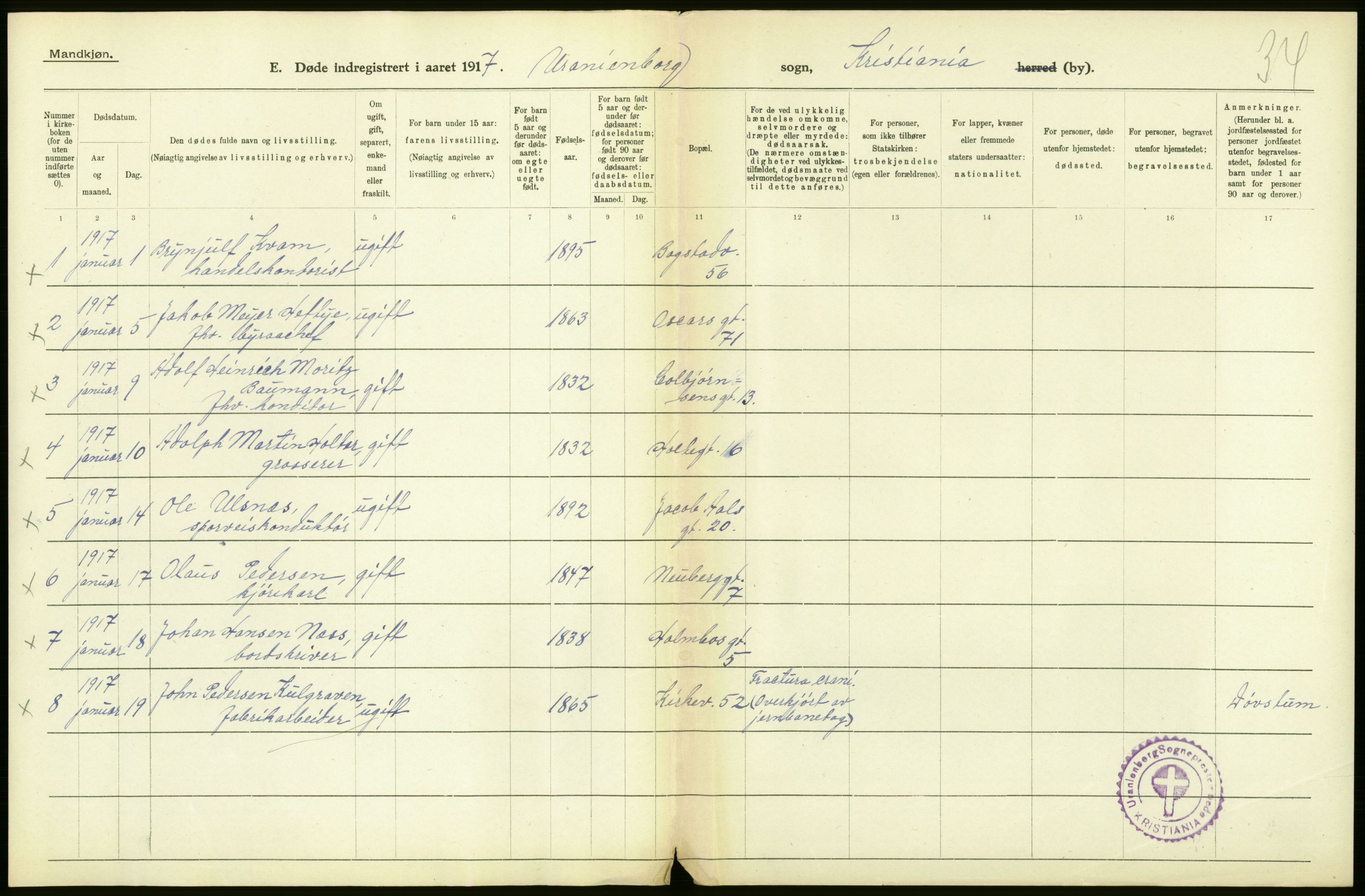 Statistisk sentralbyrå, Sosiodemografiske emner, Befolkning, AV/RA-S-2228/D/Df/Dfb/Dfbg/L0010: Kristiania: Døde, 1917, p. 436