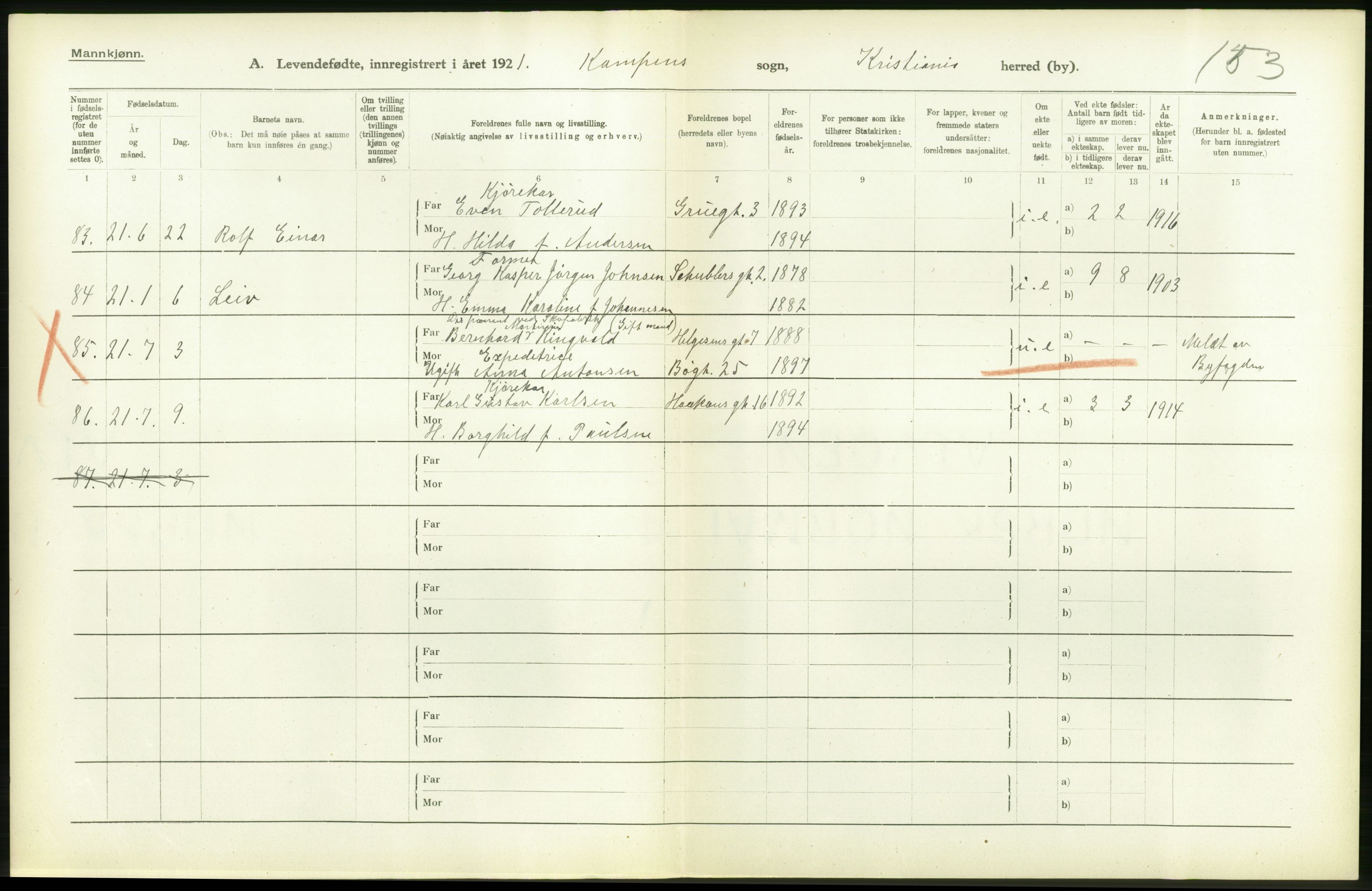 Statistisk sentralbyrå, Sosiodemografiske emner, Befolkning, AV/RA-S-2228/D/Df/Dfc/Dfca/L0009: Kristiania: Levendefødte menn og kvinner., 1921, p. 104