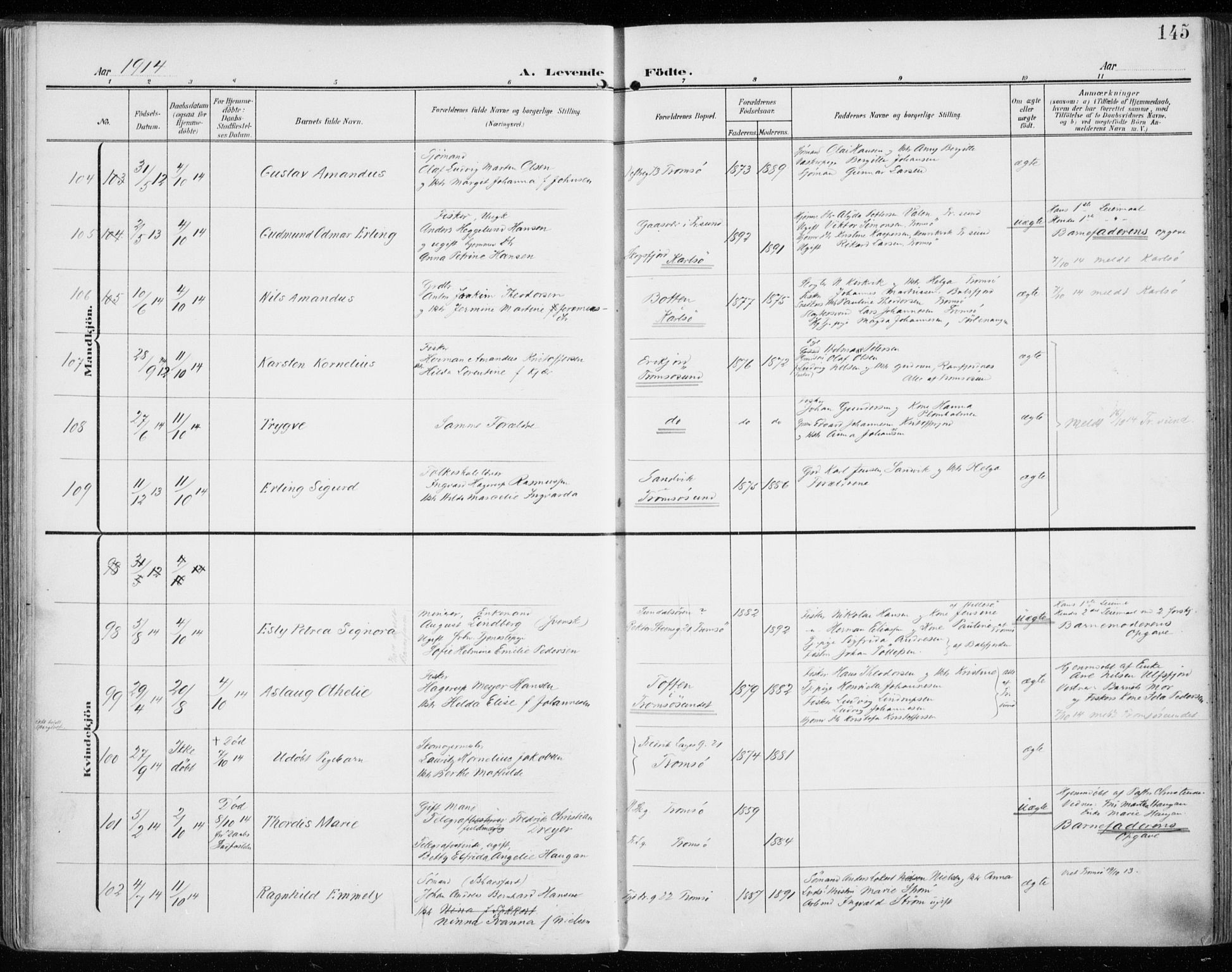 Tromsø sokneprestkontor/stiftsprosti/domprosti, AV/SATØ-S-1343/G/Ga/L0017kirke: Parish register (official) no. 17, 1907-1917, p. 145