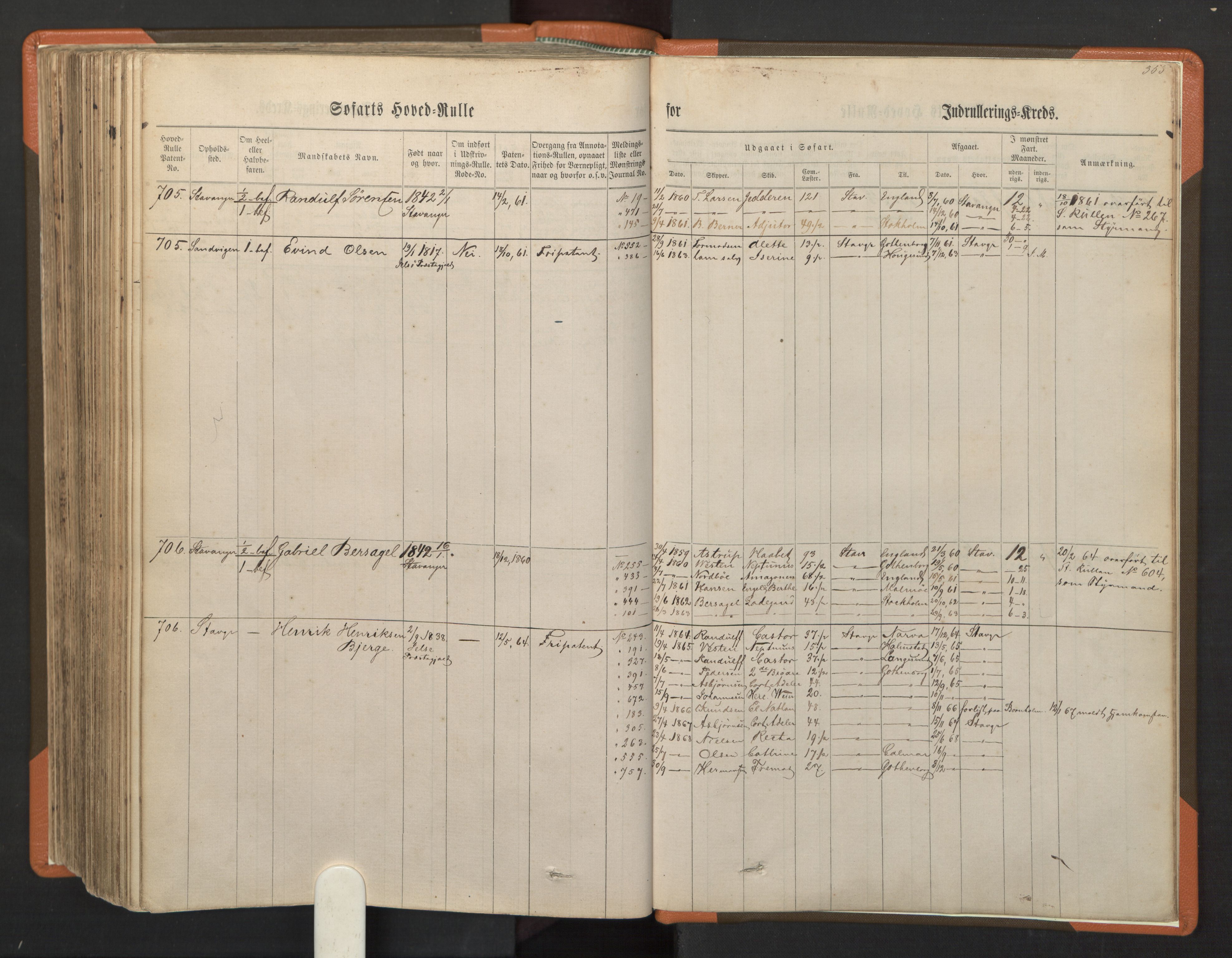 Stavanger sjømannskontor, AV/SAST-A-102006/F/Fb/Fbb/L0001: Sjøfartshovedrulle, patentnr. 1-720 (del 1), 1860-1863, p. 357