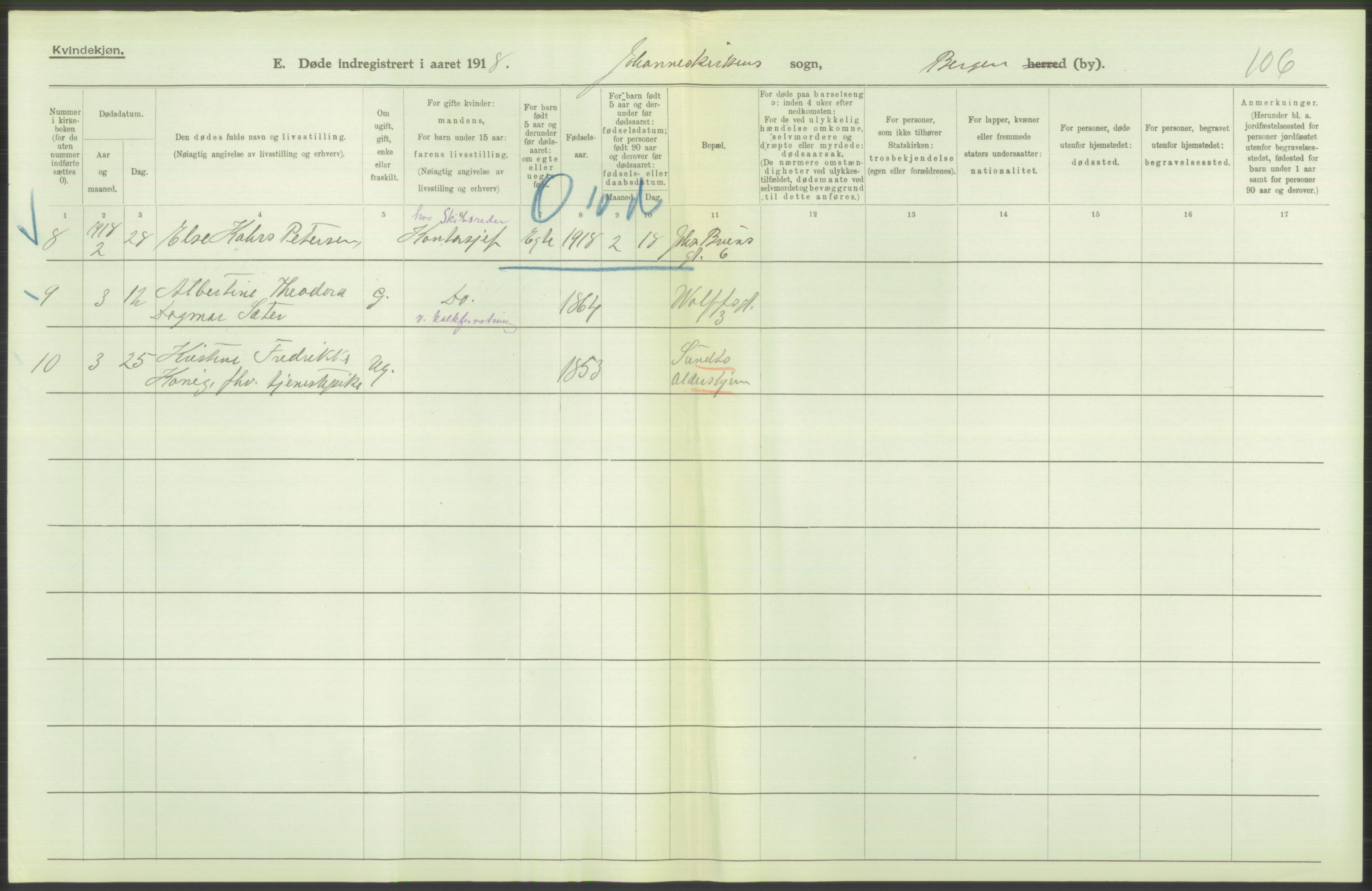 Statistisk sentralbyrå, Sosiodemografiske emner, Befolkning, AV/RA-S-2228/D/Df/Dfb/Dfbh/L0039: Bergen: Døde., 1918, p. 284