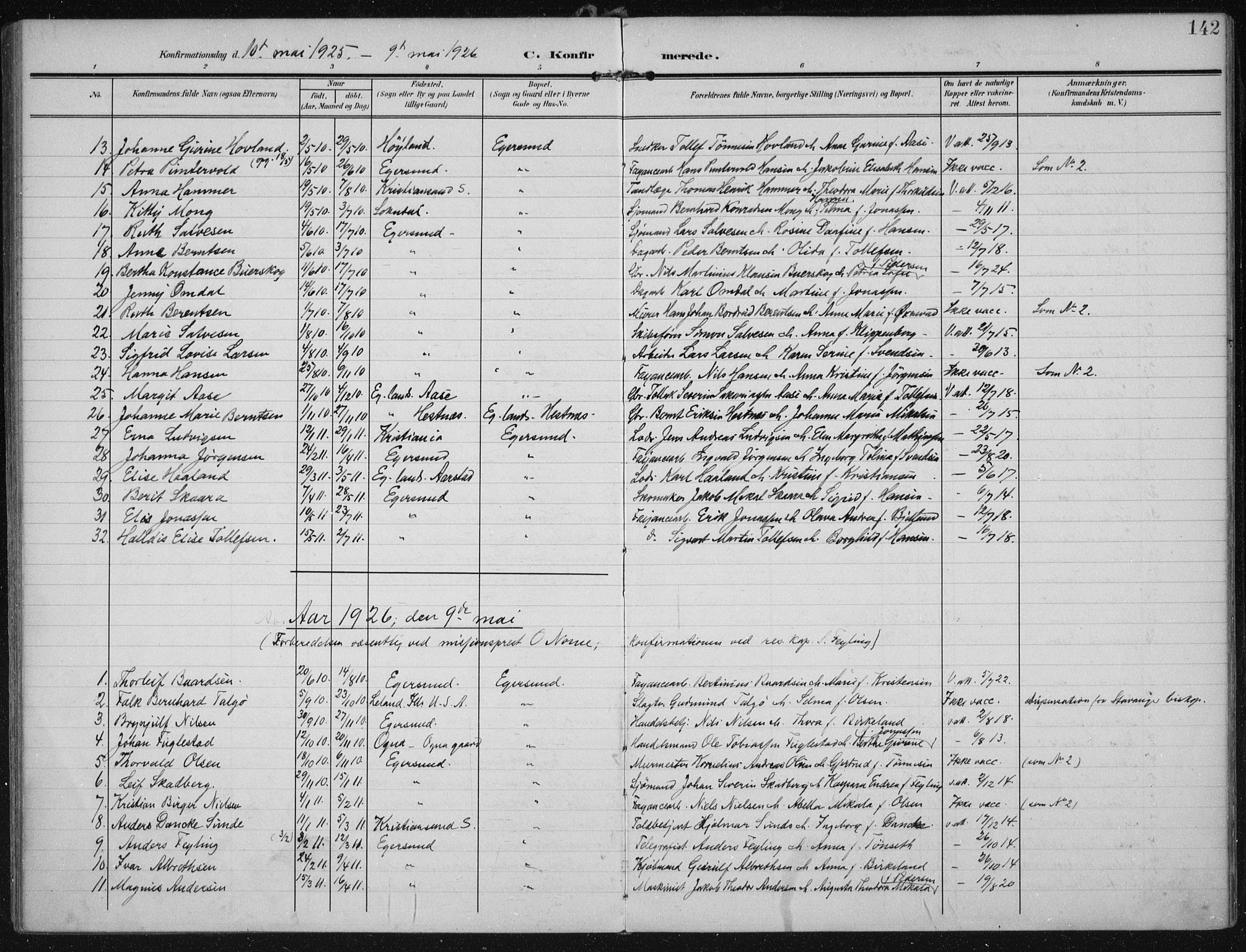 Eigersund sokneprestkontor, AV/SAST-A-101807/S08/L0022: Parish register (official) no. A 21, 1905-1928, p. 142