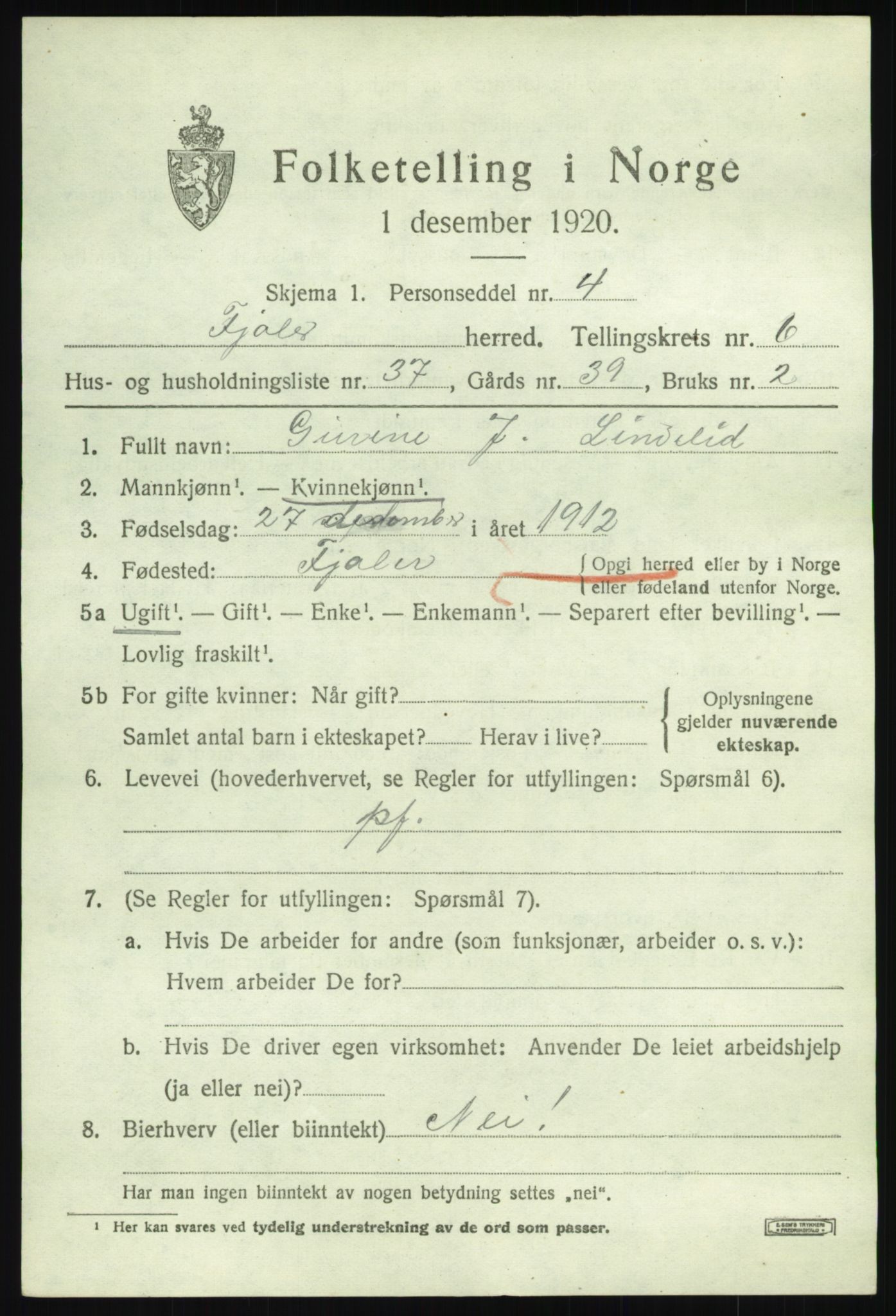 SAB, 1920 census for Fjaler, 1920, p. 4095