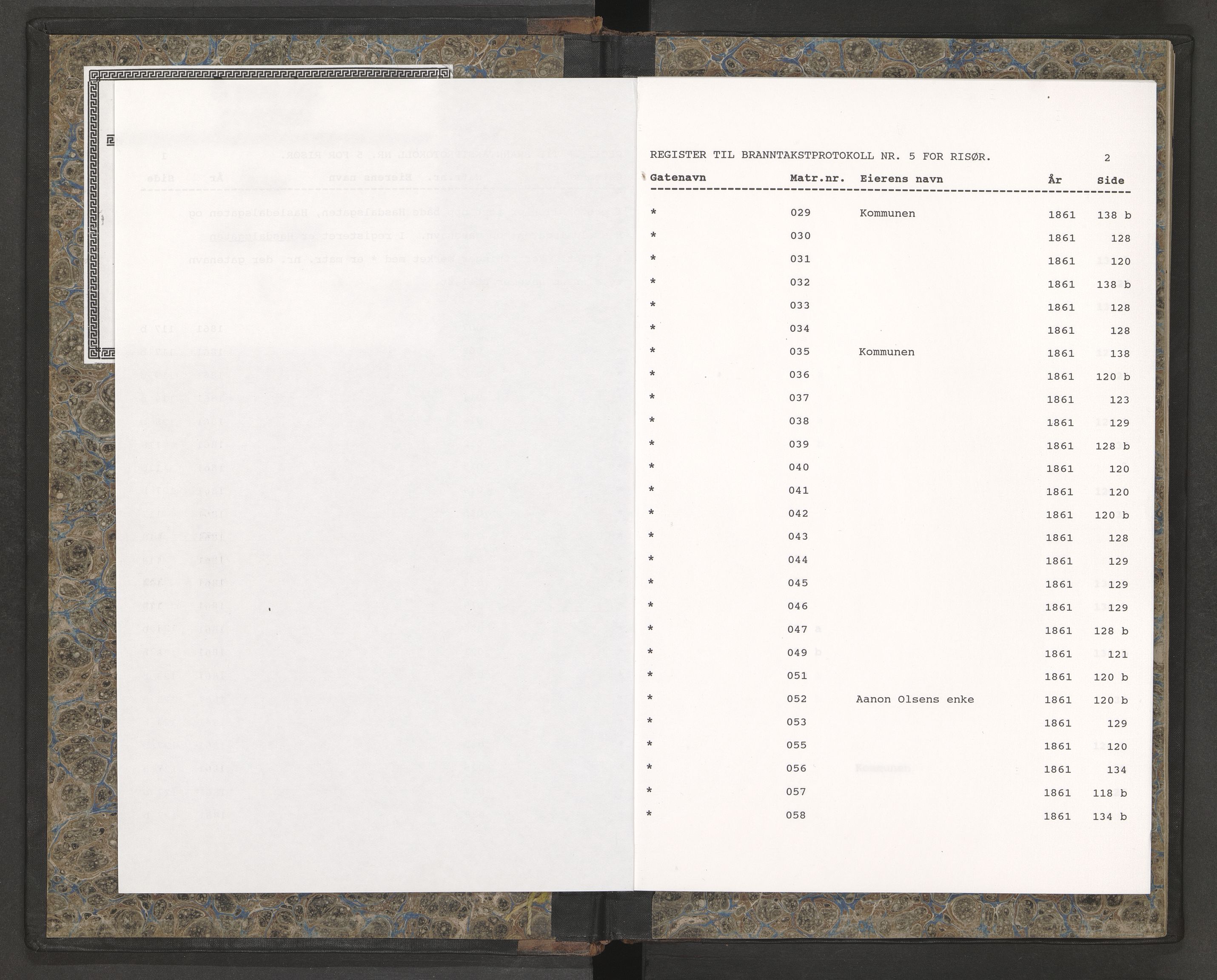 Norges Brannkasse Risør, AV/SAK-2241-0043/F/Fa/L0006: Branntakstprotokoll nr. 5 med gatenavnsregister, 1856-1861