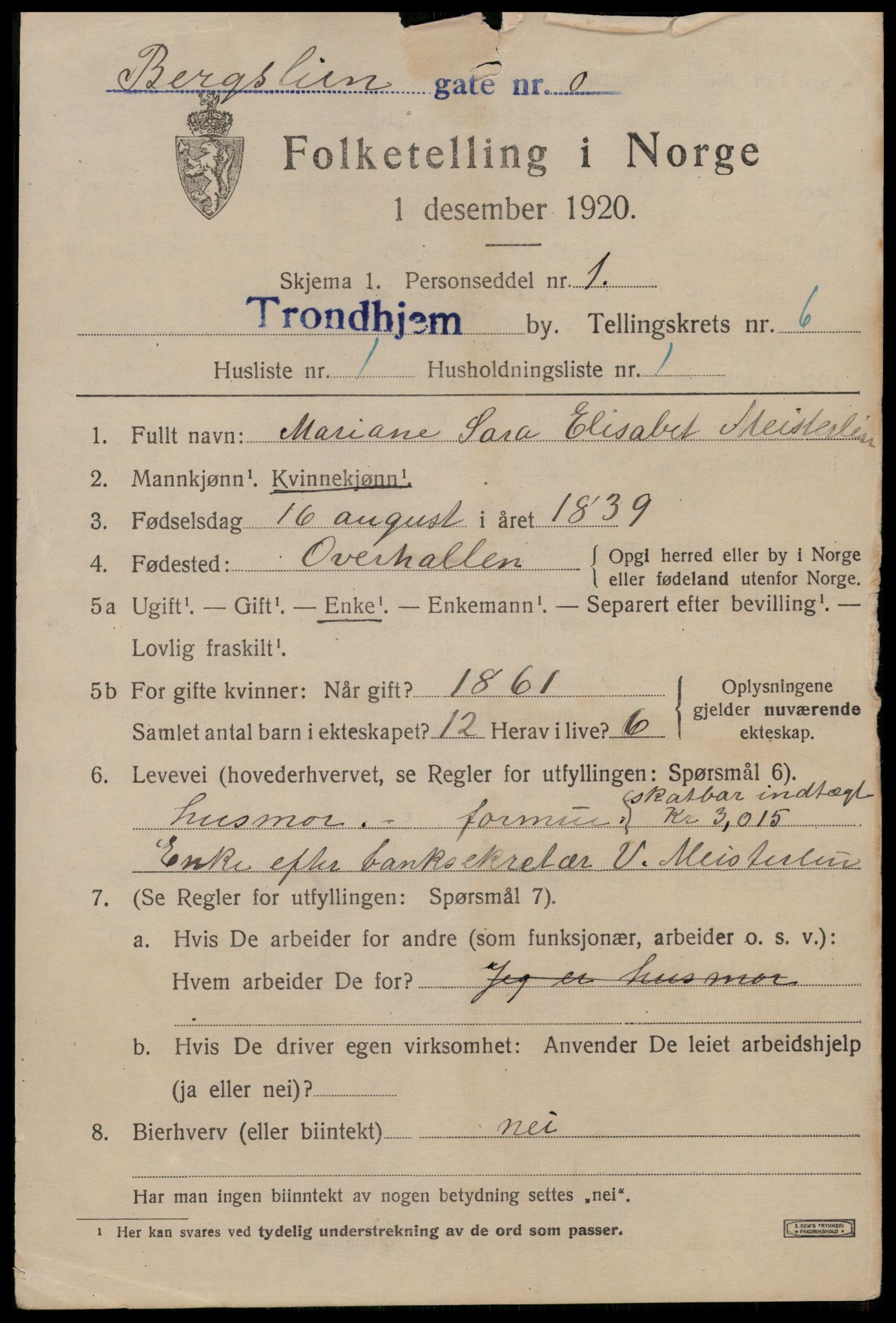 SAT, 1920 census for Trondheim, 1920, p. 39820