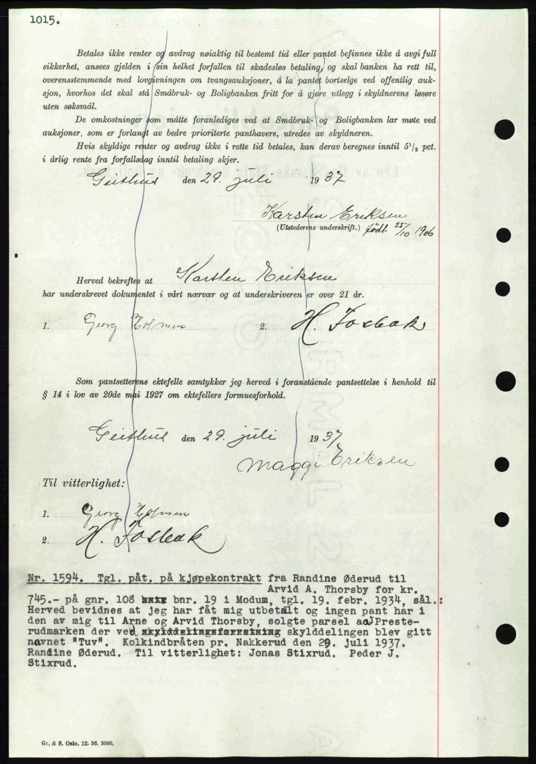 Eiker, Modum og Sigdal sorenskriveri, SAKO/A-123/G/Ga/Gab/L0035: Mortgage book no. A5, 1937-1937, Diary no: : 1594/1937