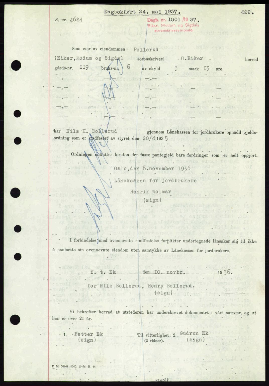 Eiker, Modum og Sigdal sorenskriveri, SAKO/A-123/G/Ga/Gab/L0035: Mortgage book no. A5, 1937-1937, Diary no: : 1101/1937