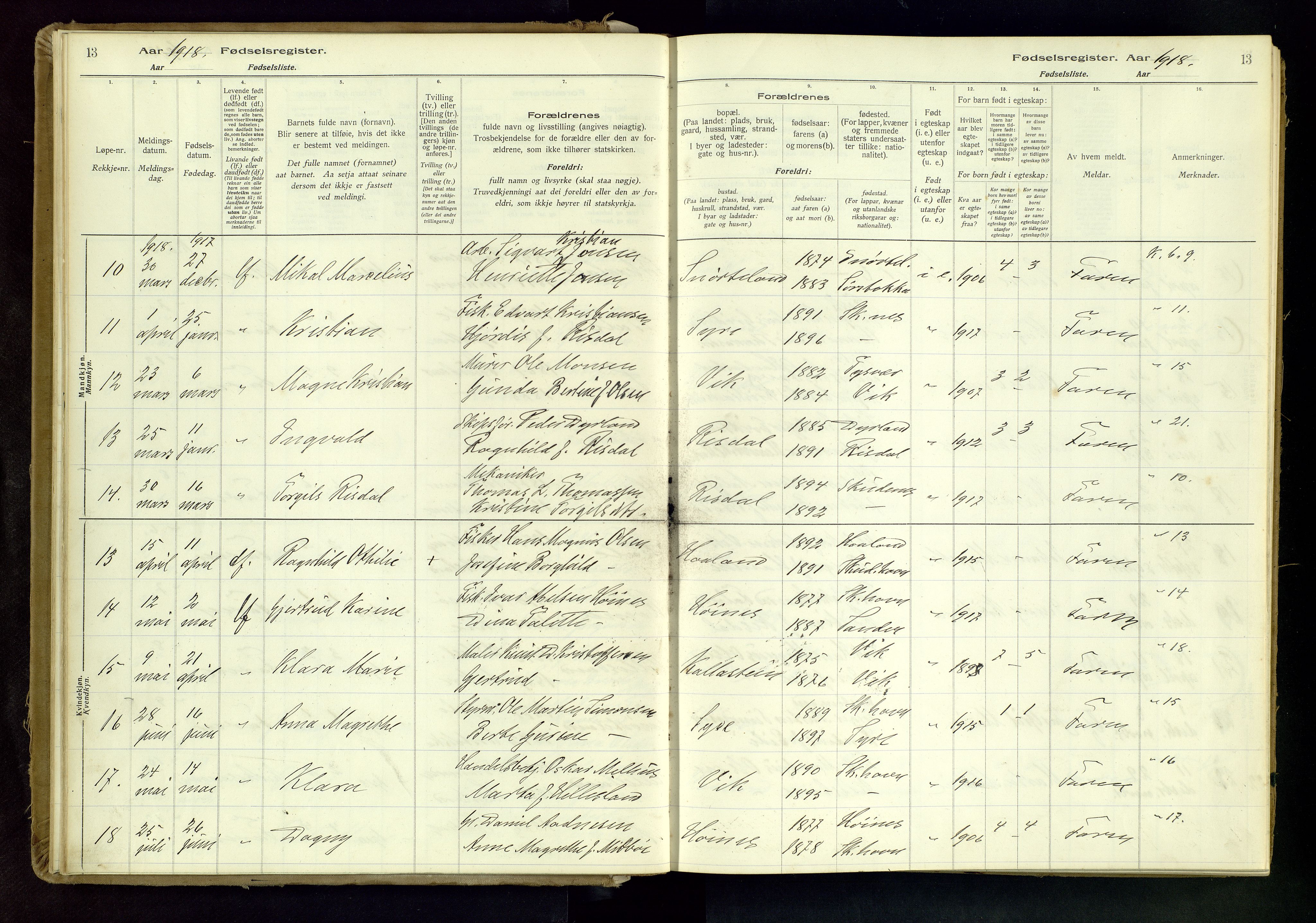 Skudenes sokneprestkontor, AV/SAST-A -101849/I/Id/L0001: Birth register no. 1, 1916-1964, p. 13