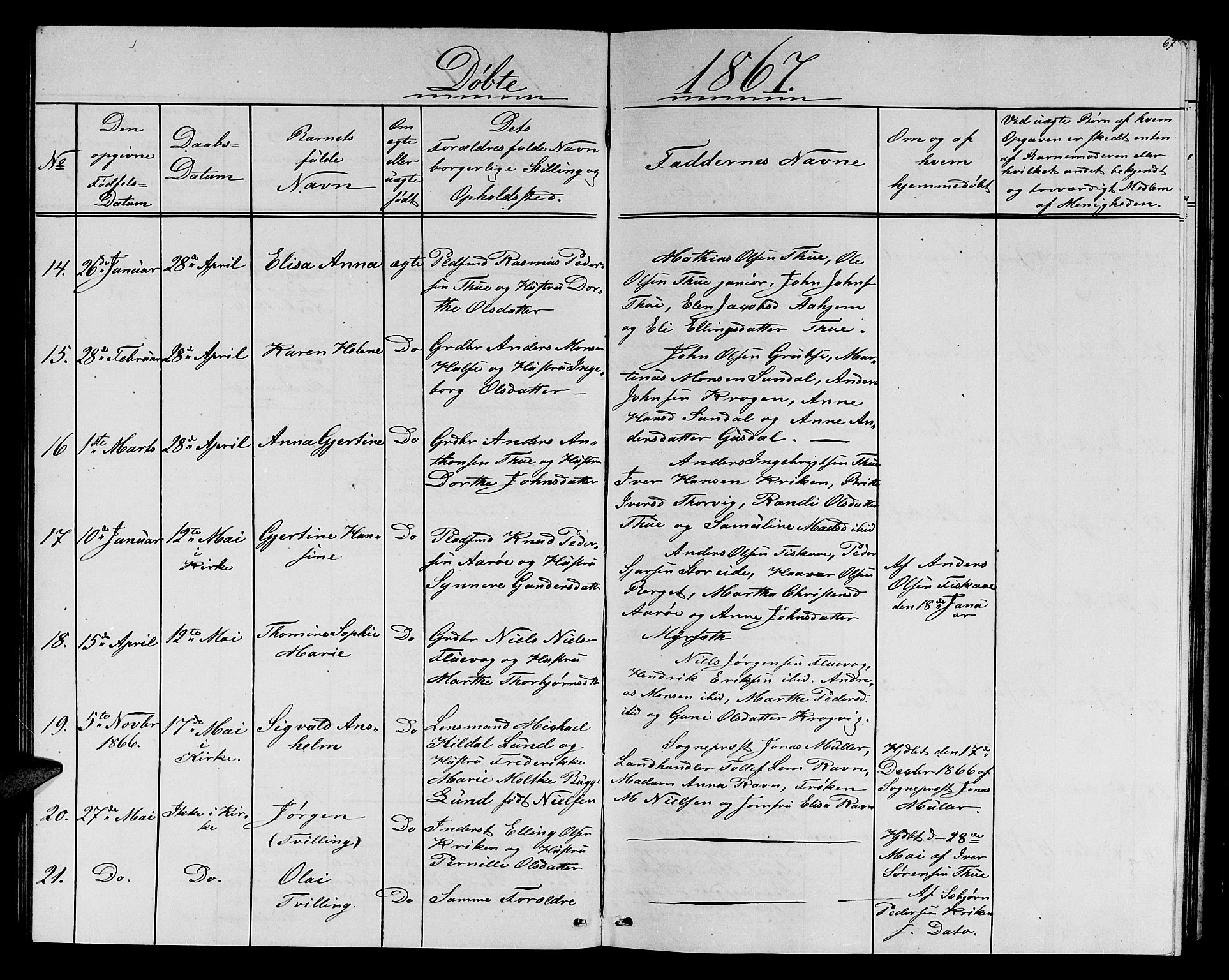 Ministerialprotokoller, klokkerbøker og fødselsregistre - Møre og Romsdal, AV/SAT-A-1454/501/L0015: Parish register (copy) no. 501C01, 1854-1867, p. 67