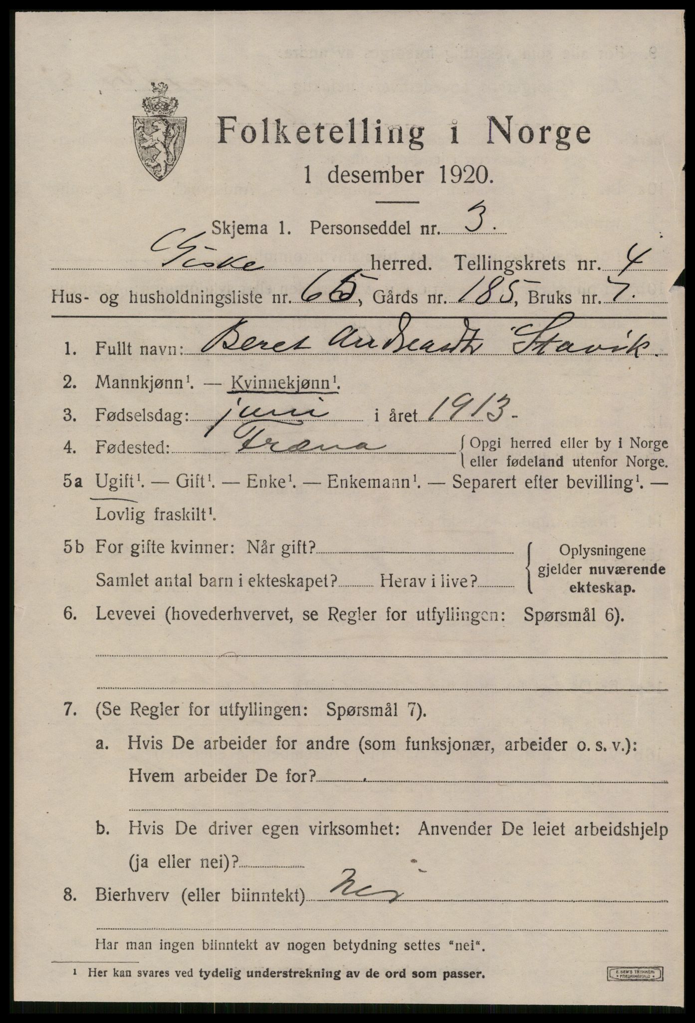 SAT, 1920 census for Giske, 1920, p. 3626