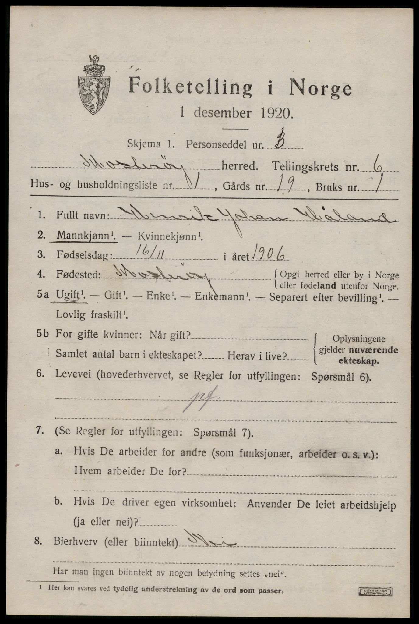 SAST, 1920 census for Mosterøy, 1920, p. 2696