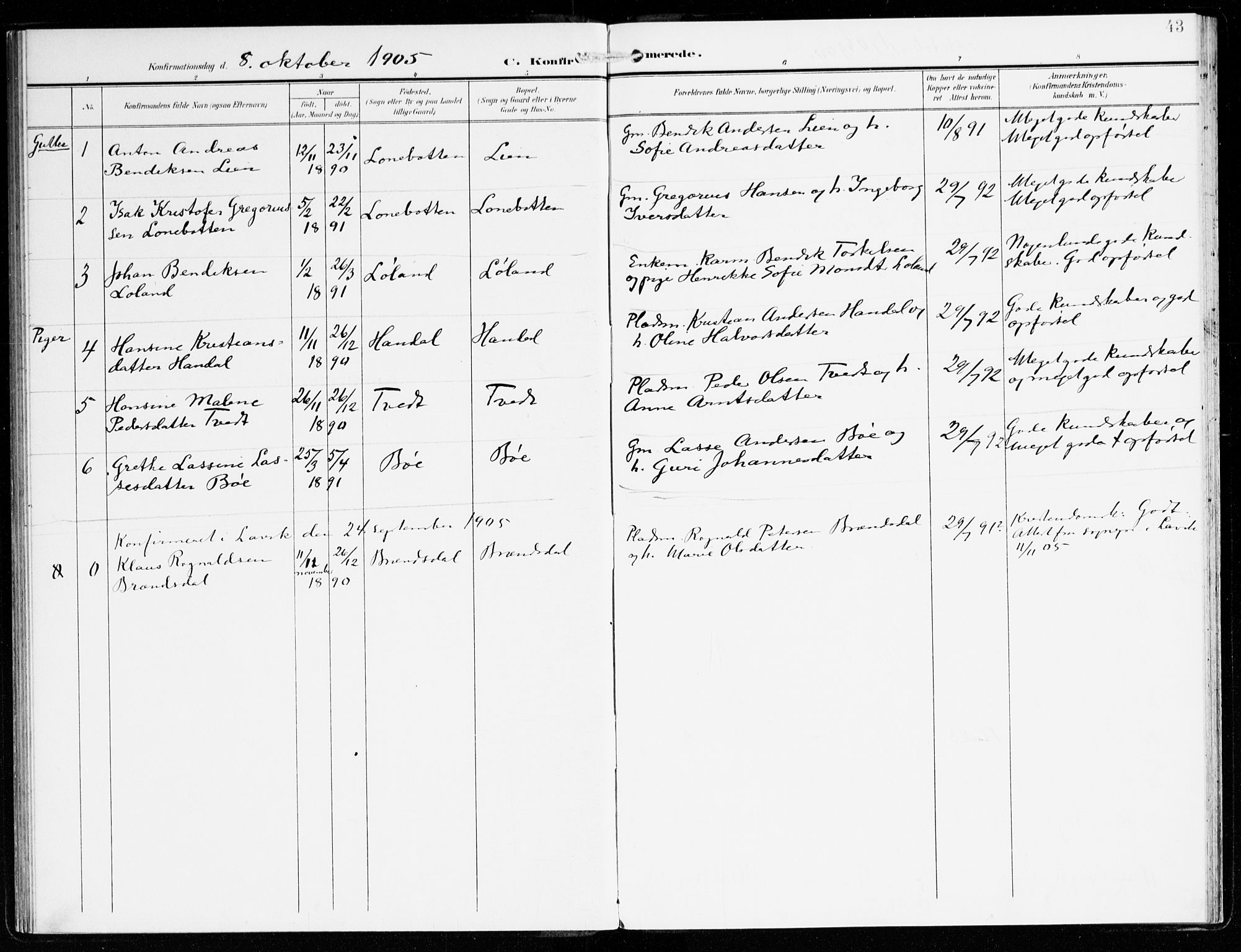 Hyllestad sokneprestembete, SAB/A-80401: Parish register (official) no. C 2, 1904-1917, p. 43