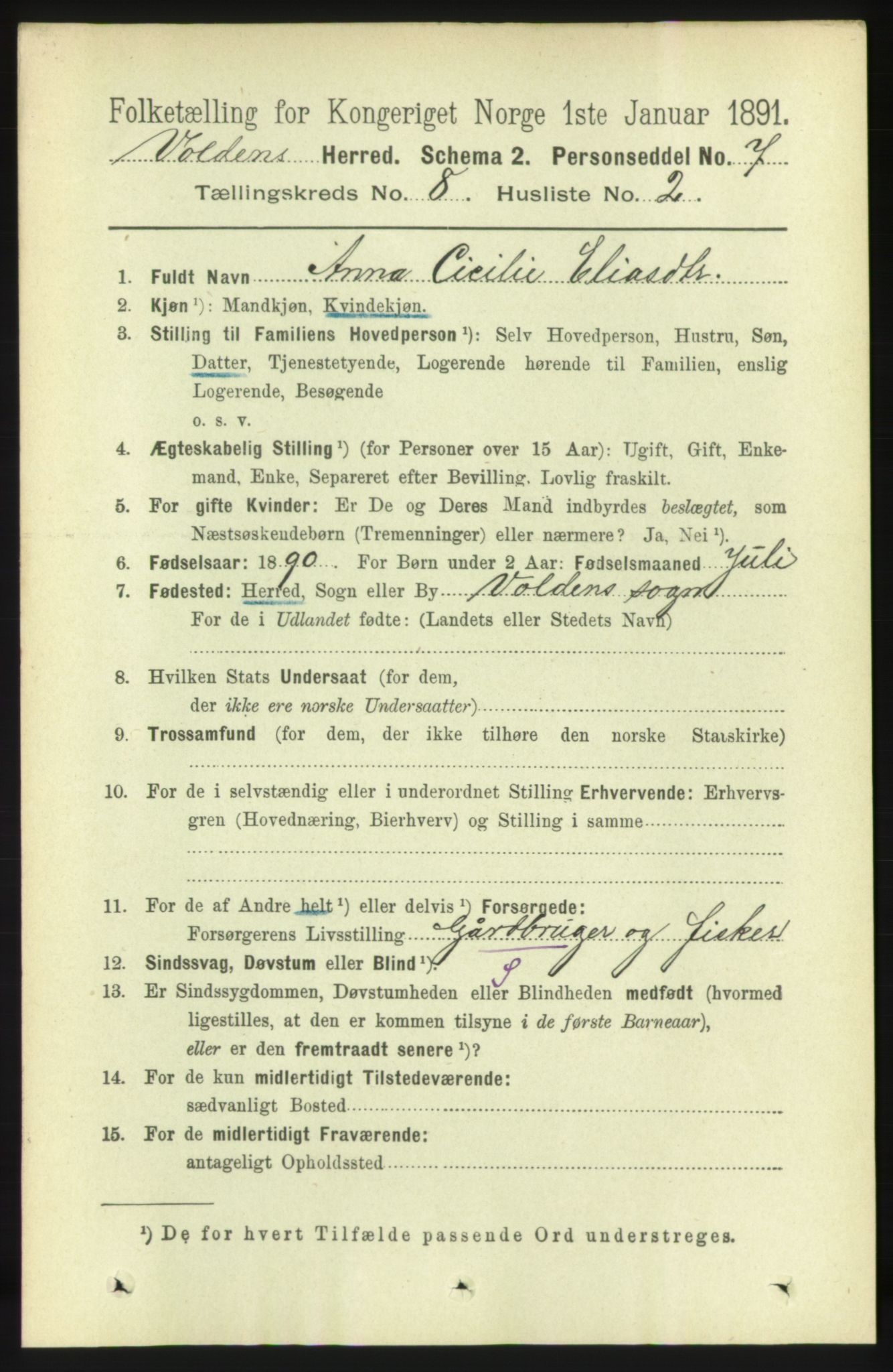 RA, 1891 census for 1519 Volda, 1891, p. 3838