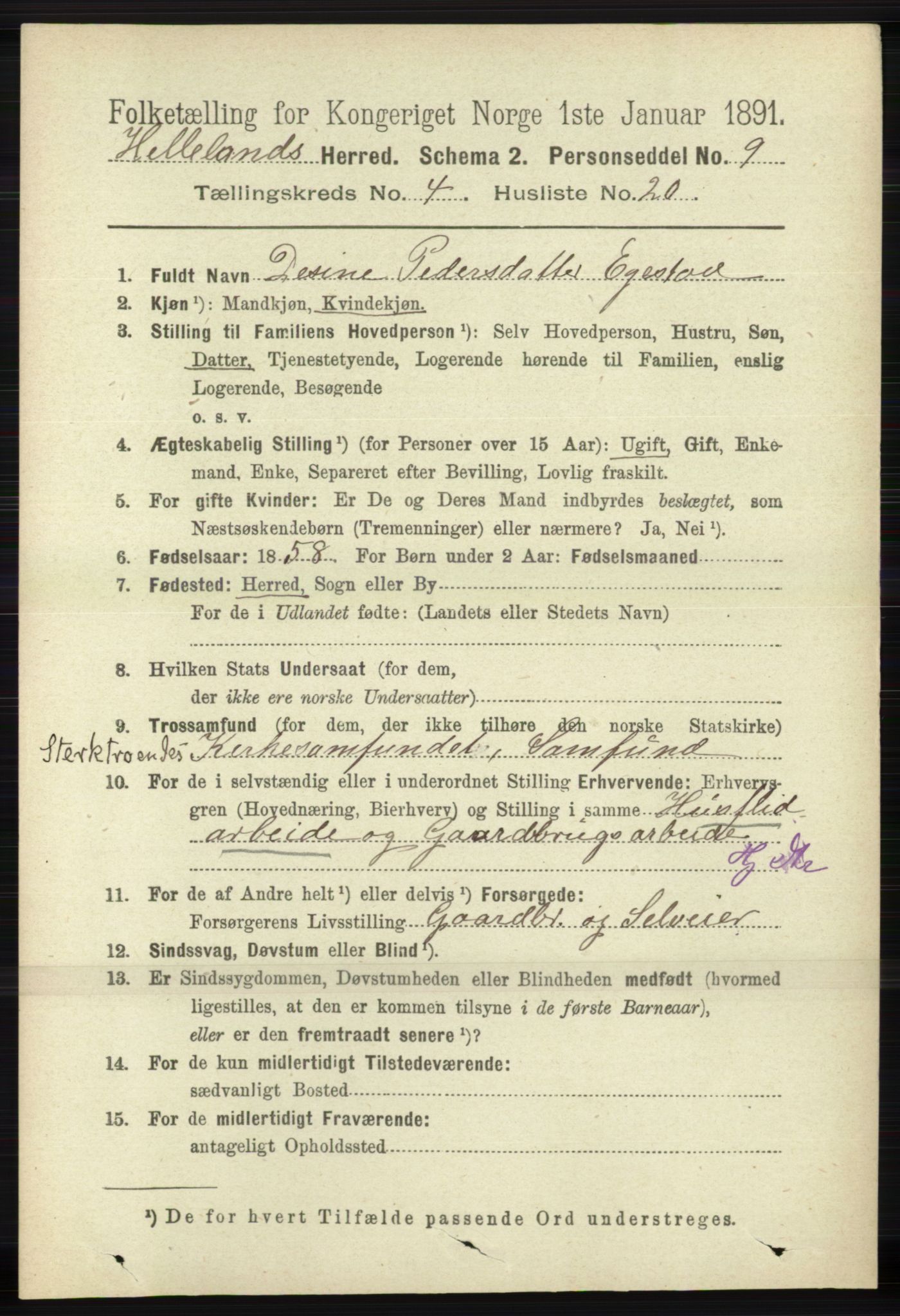 RA, 1891 census for 1115 Helleland, 1891, p. 1289