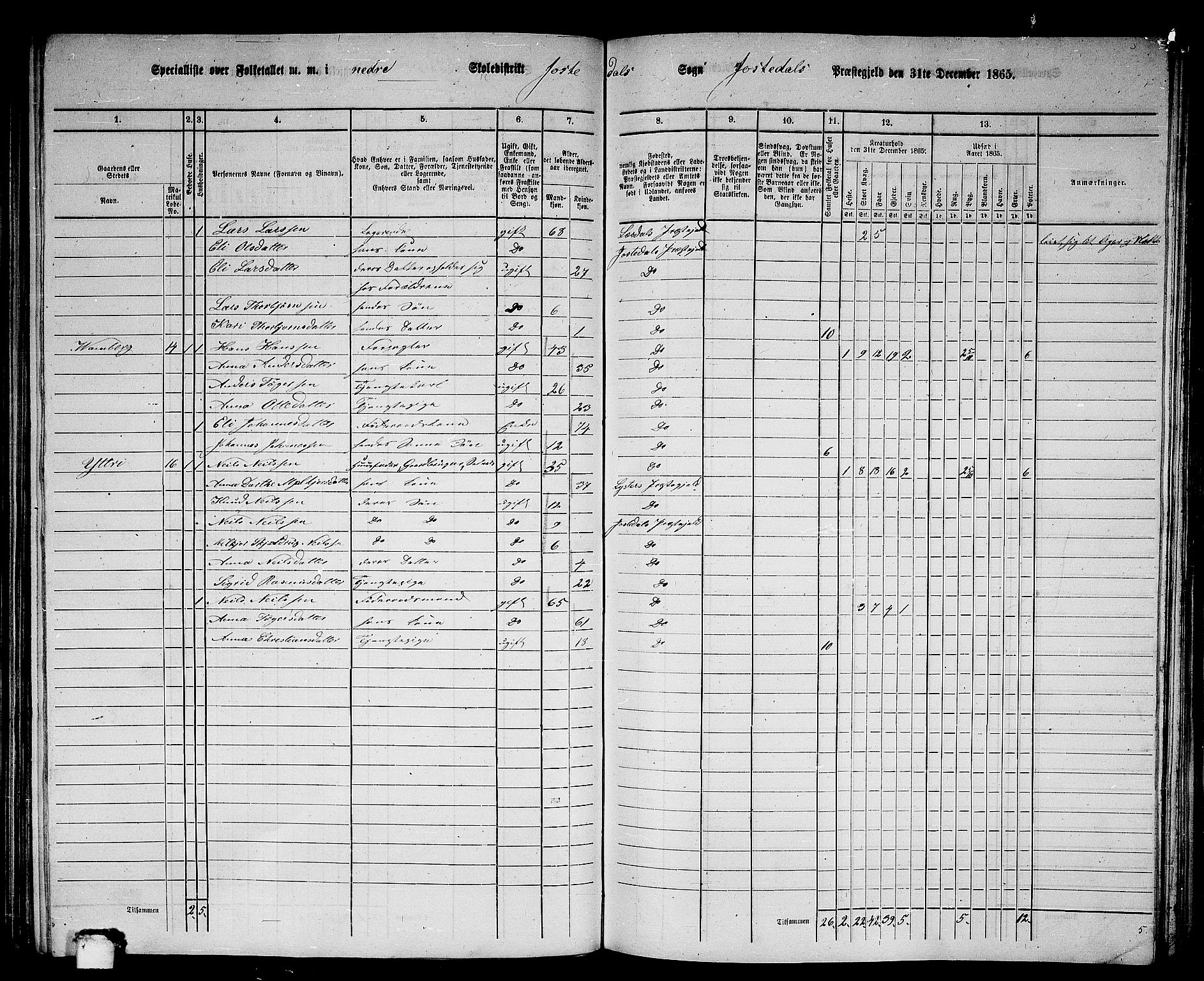 RA, 1865 census for Jostedal, 1865, p. 9