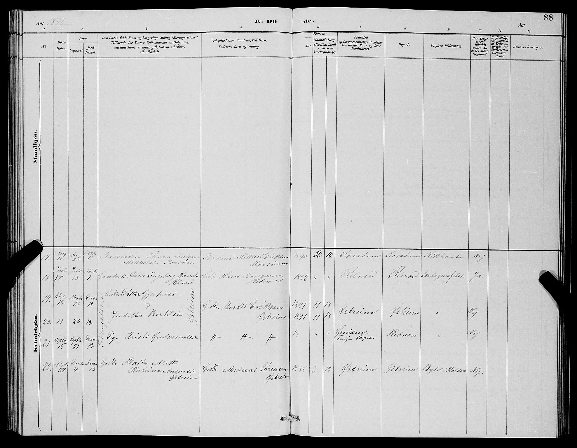 Lindås Sokneprestembete, AV/SAB-A-76701/H/Hab/Habc/L0003: Parish register (copy) no. C 3, 1886-1893, p. 88