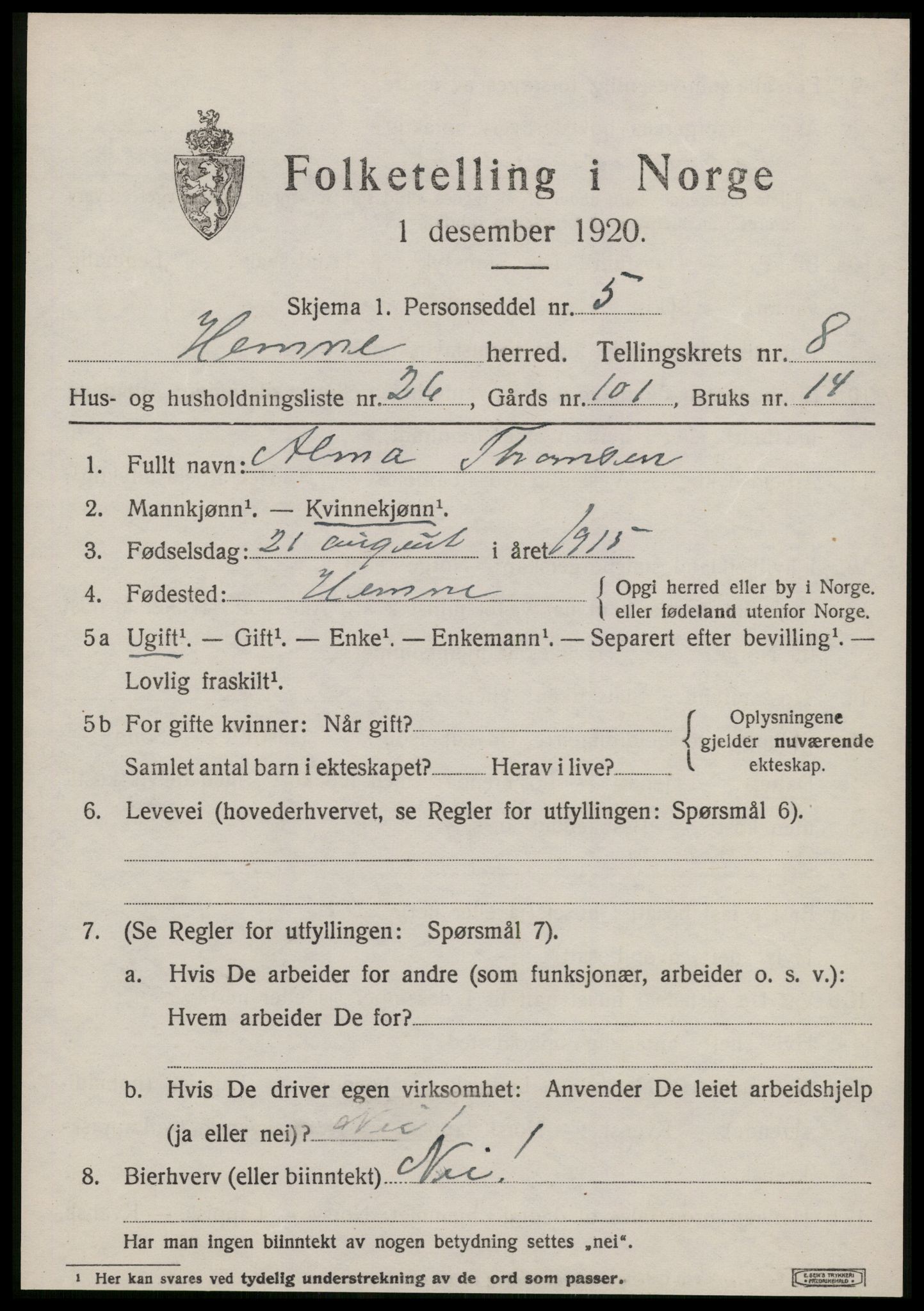 SAT, 1920 census for Hemne, 1920, p. 5028