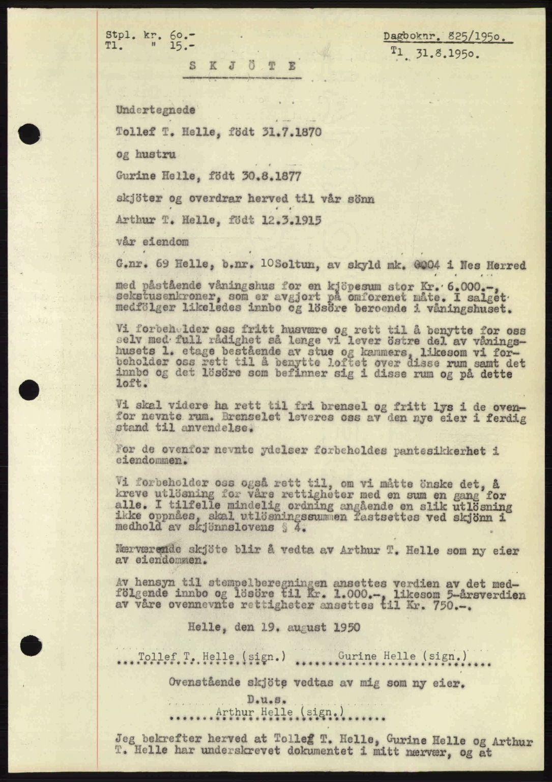 Flekkefjord sorenskriveri, AV/SAK-1221-0001/G/Gb/Gba/L0067: Mortgage book no. A-15, 1950-1950, Diary no: : 825/1950