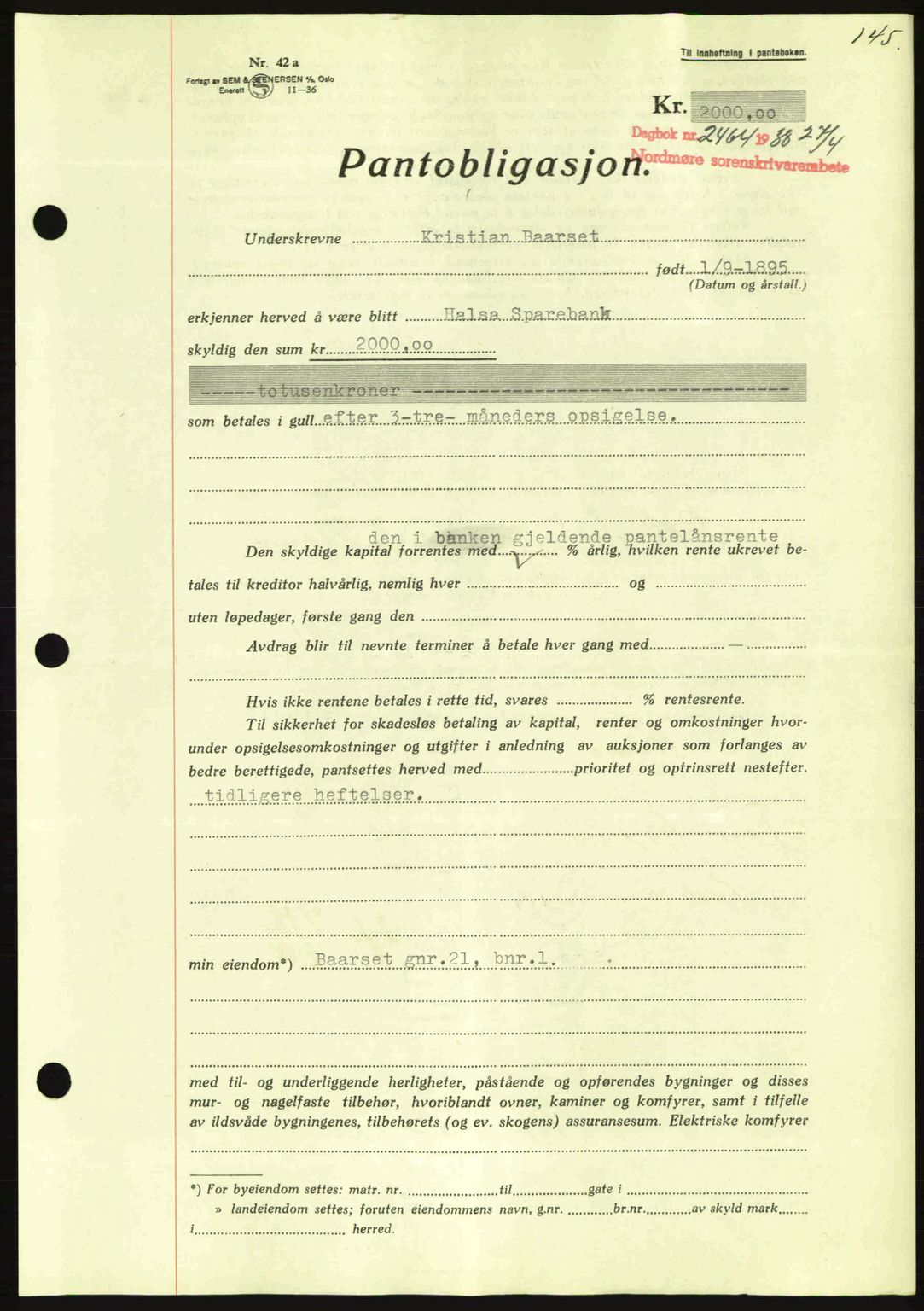 Nordmøre sorenskriveri, SAT/A-4132/1/2/2Ca: Mortgage book no. B84, 1938-1939, Diary no: : 2464/1938