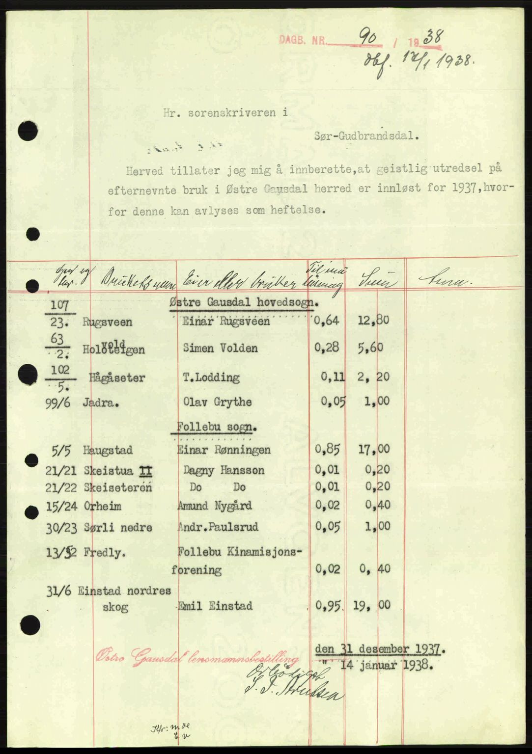 Sør-Gudbrandsdal tingrett, SAH/TING-004/H/Hb/Hbe/L0001: Mortgage book no. B1, 1936-1939, Diary no: : 90/1938