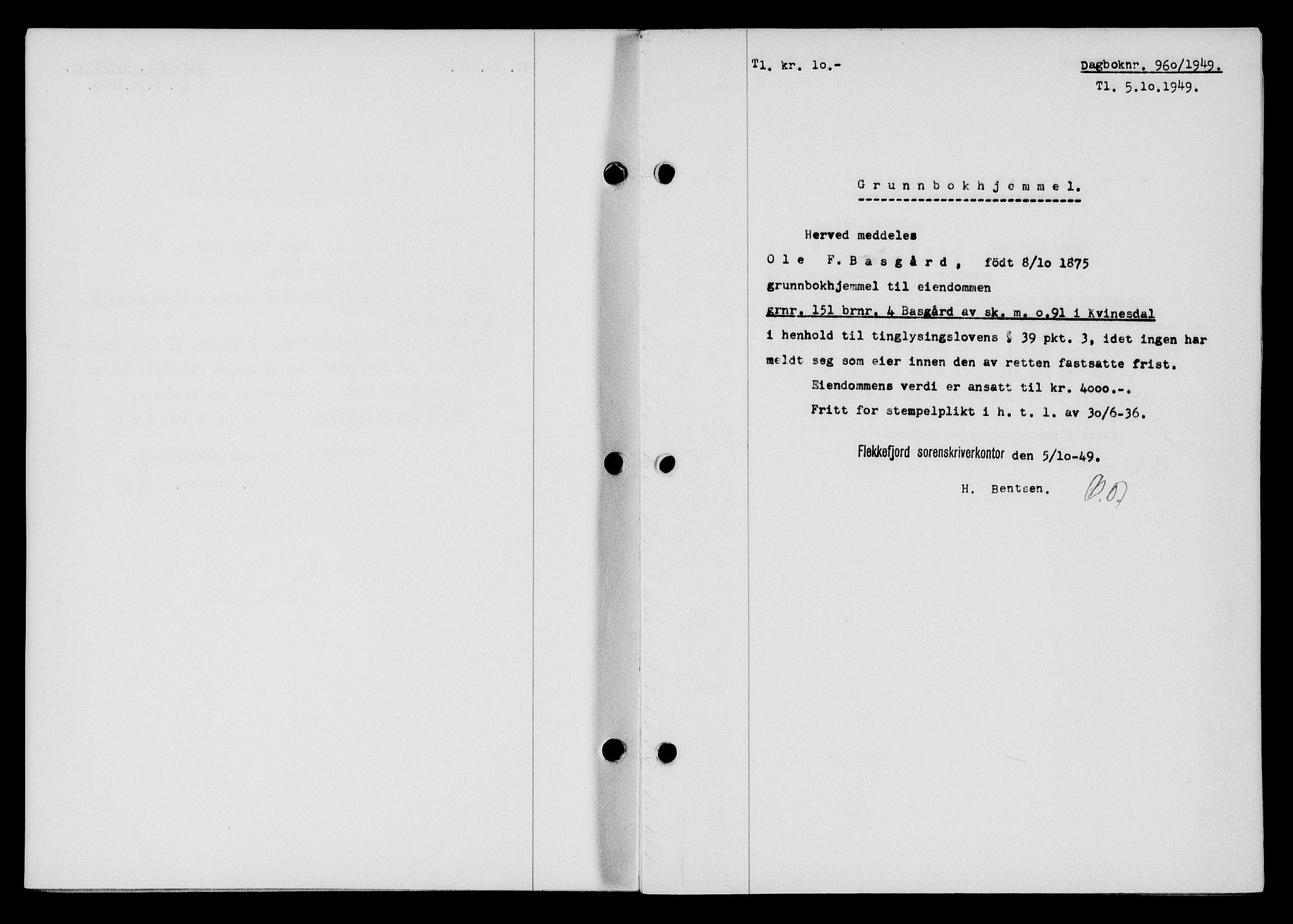 Flekkefjord sorenskriveri, SAK/1221-0001/G/Gb/Gba/L0065: Mortgage book no. A-13, 1949-1949, Diary no: : 960/1949