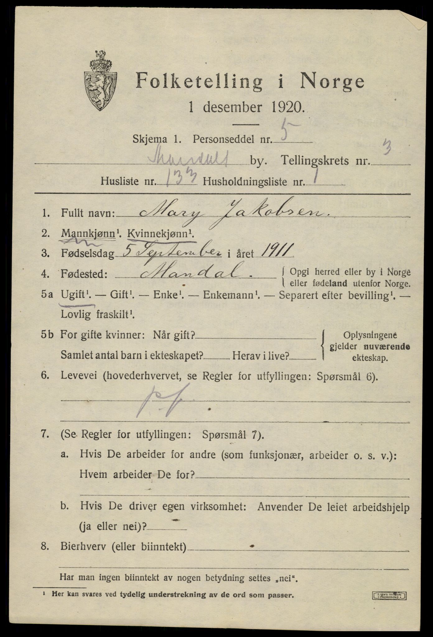 SAK, 1920 census for Mandal, 1920, p. 6997