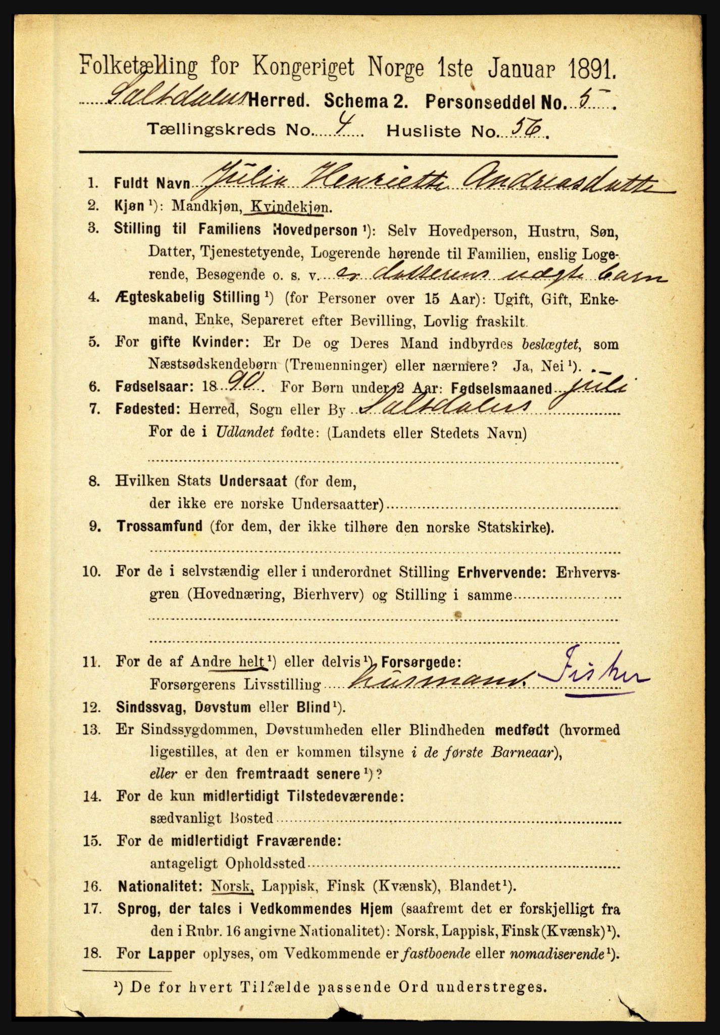 RA, 1891 census for 1840 Saltdal, 1891, p. 2693