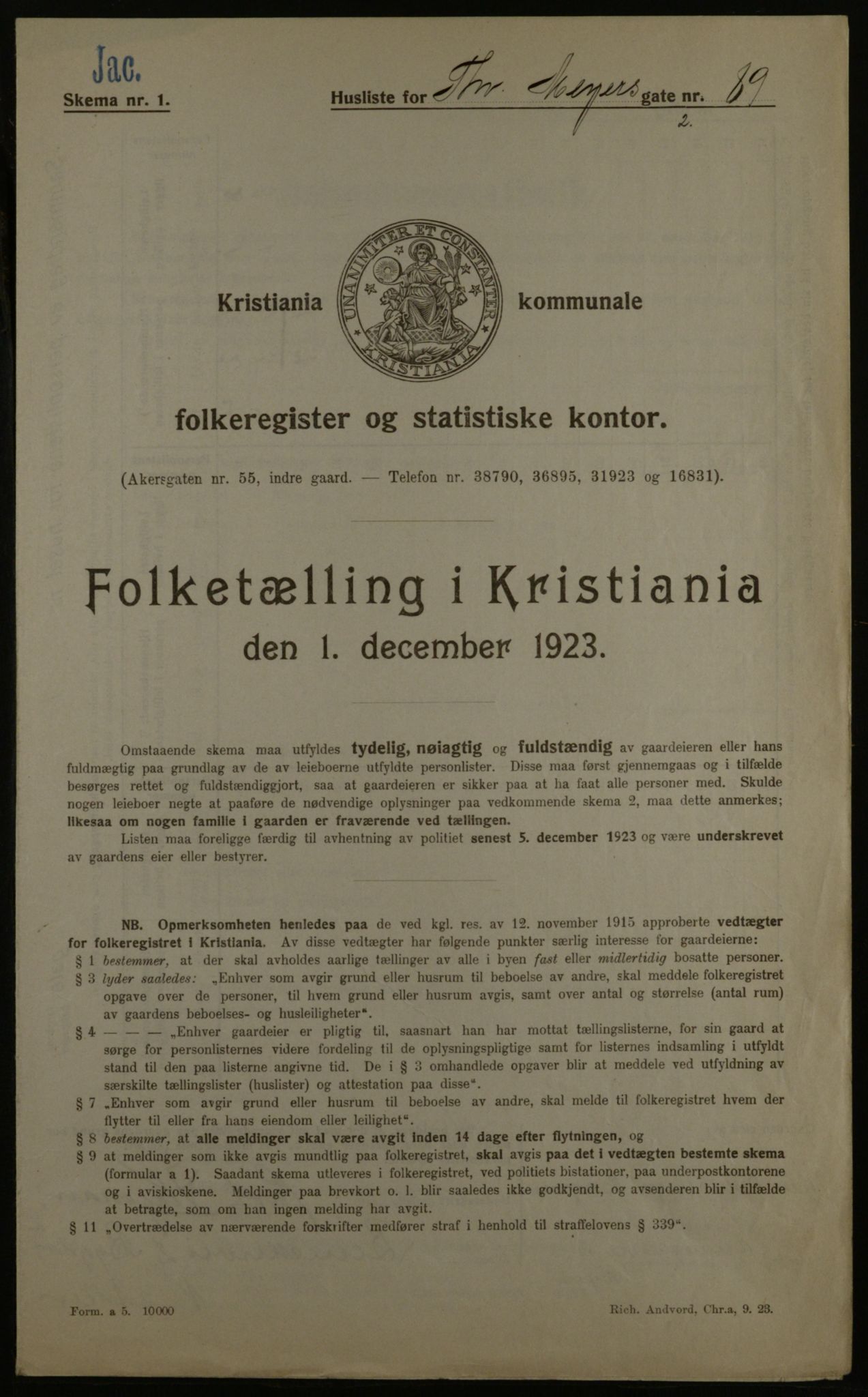 OBA, Municipal Census 1923 for Kristiania, 1923, p. 122995