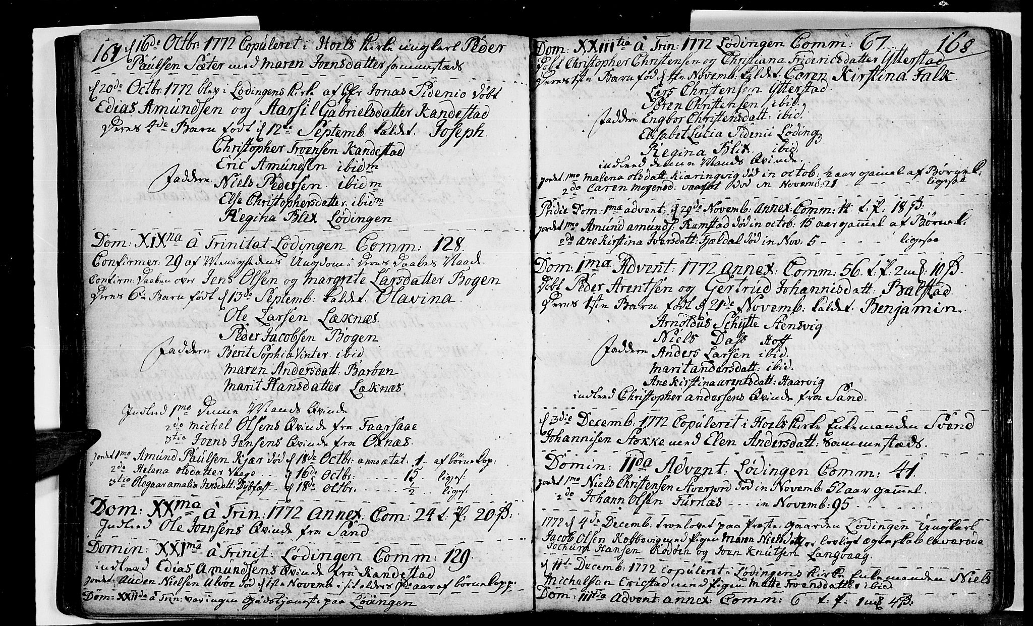 Ministerialprotokoller, klokkerbøker og fødselsregistre - Nordland, SAT/A-1459/872/L1029: Parish register (official) no. 872A04, 1765-1787, p. 167-168
